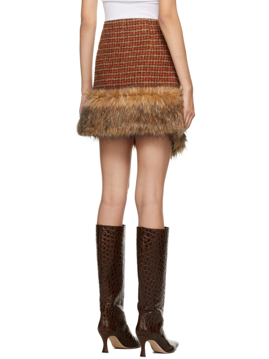 Orange & Brown Check Faux-Fur Miniskirt - 3