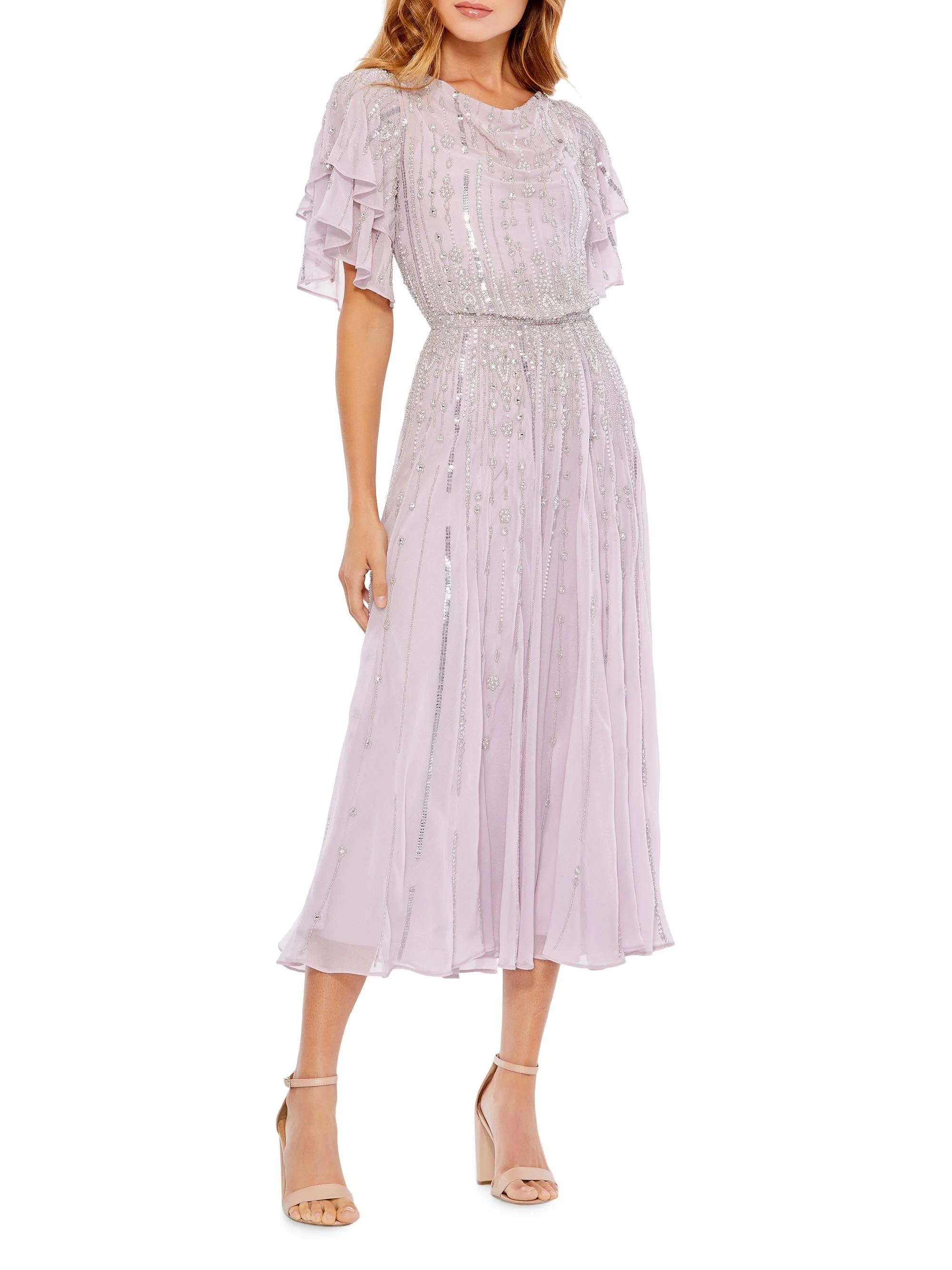 Women's High Neck Flutter-Sleeve Embellished Dress - Lilac - 1