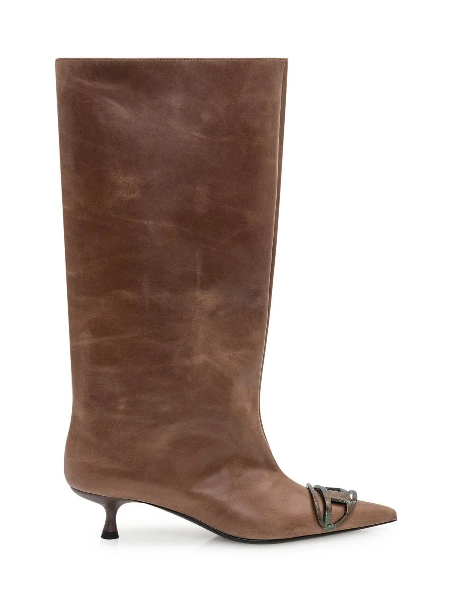 Diesel Diesel Brown Leather High Boots With Kitten Heel And Pointed Toe - 1