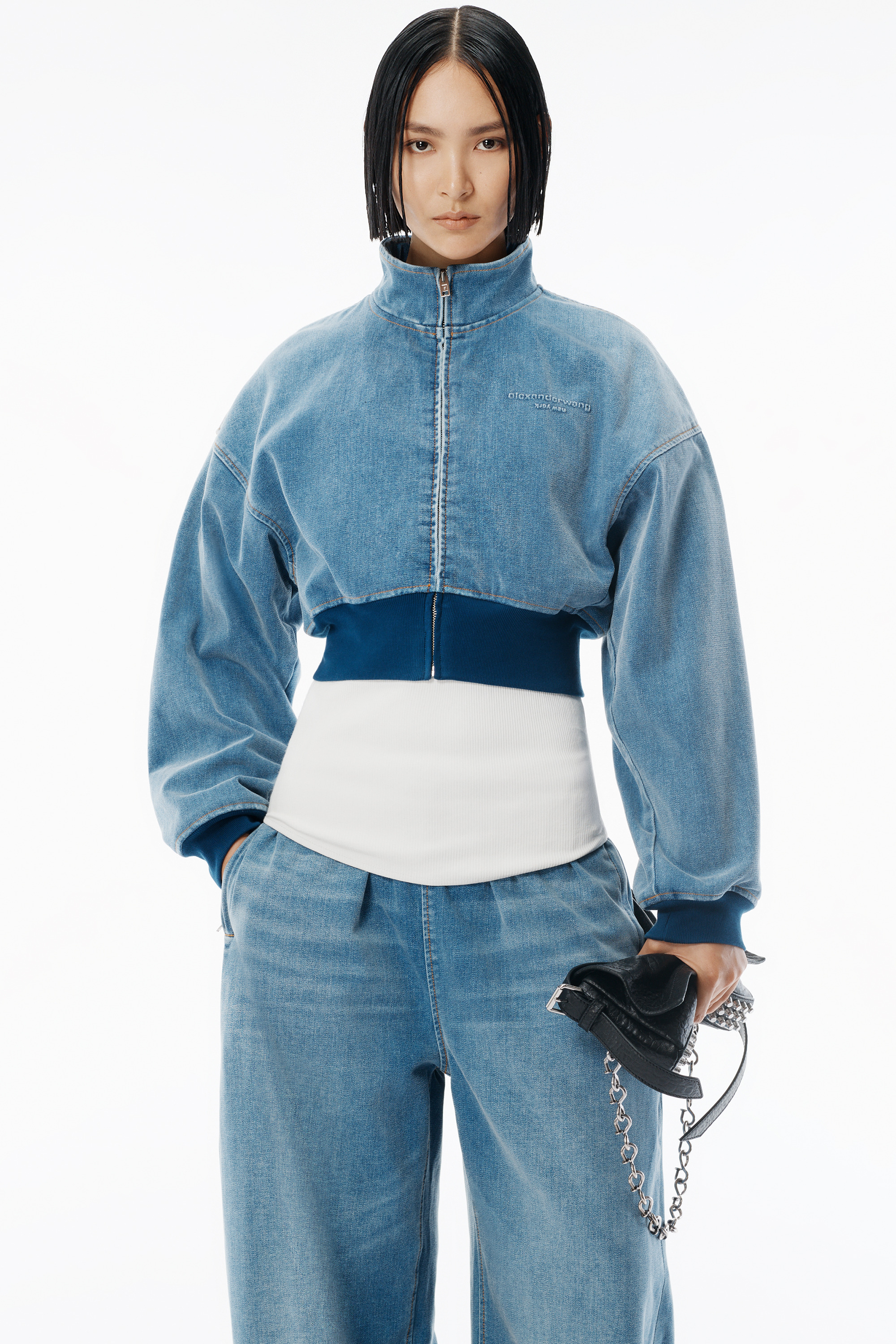 Light Blue Brushed Denim Funnel Neck Jacket - 3