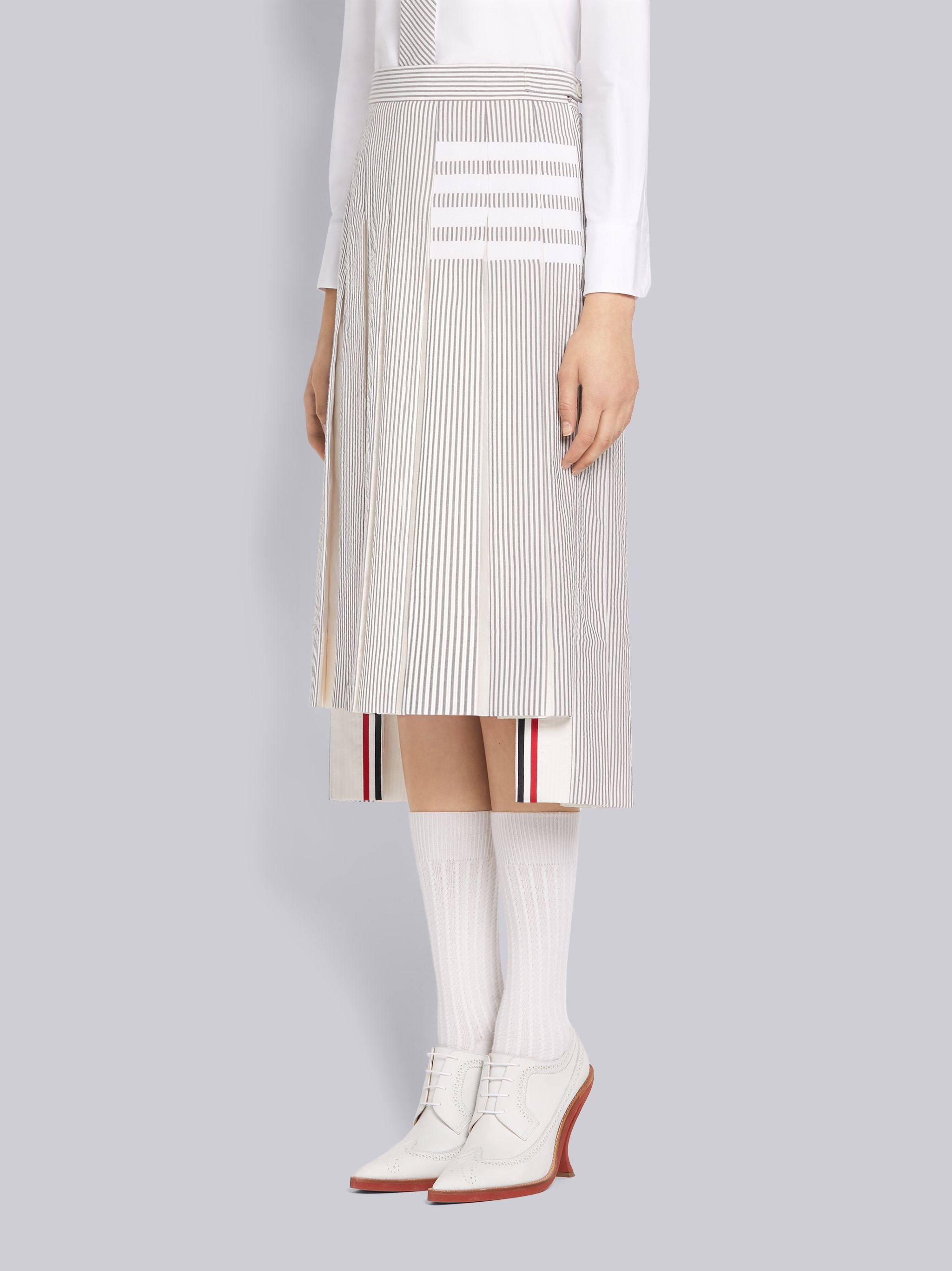 Medium Grey Cotton Seersucker Grosgrain 4-Bar Intarsia Stripe Below Knee Pleated Skirt - 2