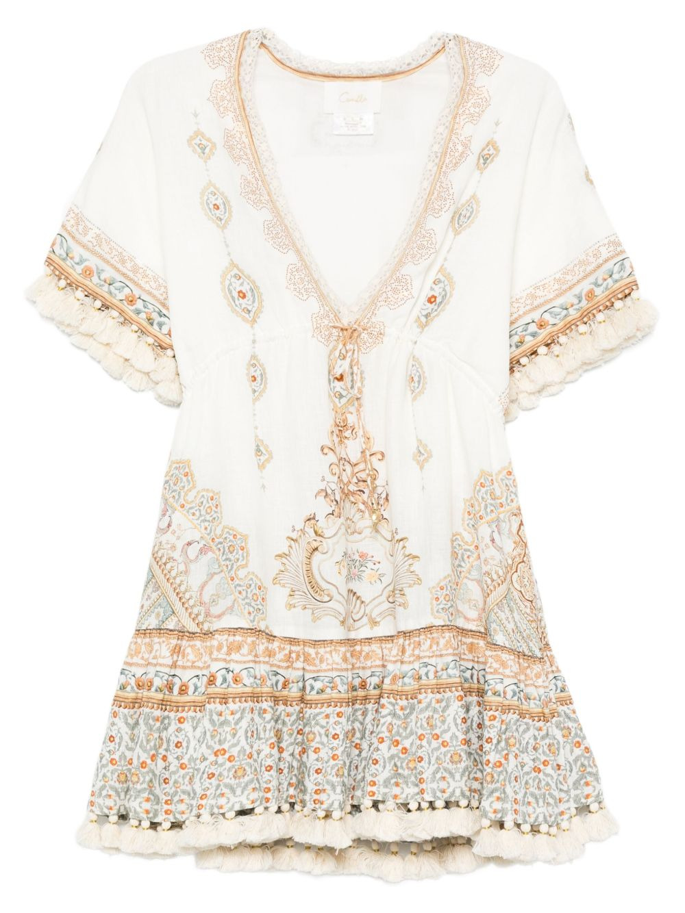 pom-pom trim V-neck mini dress - 1
