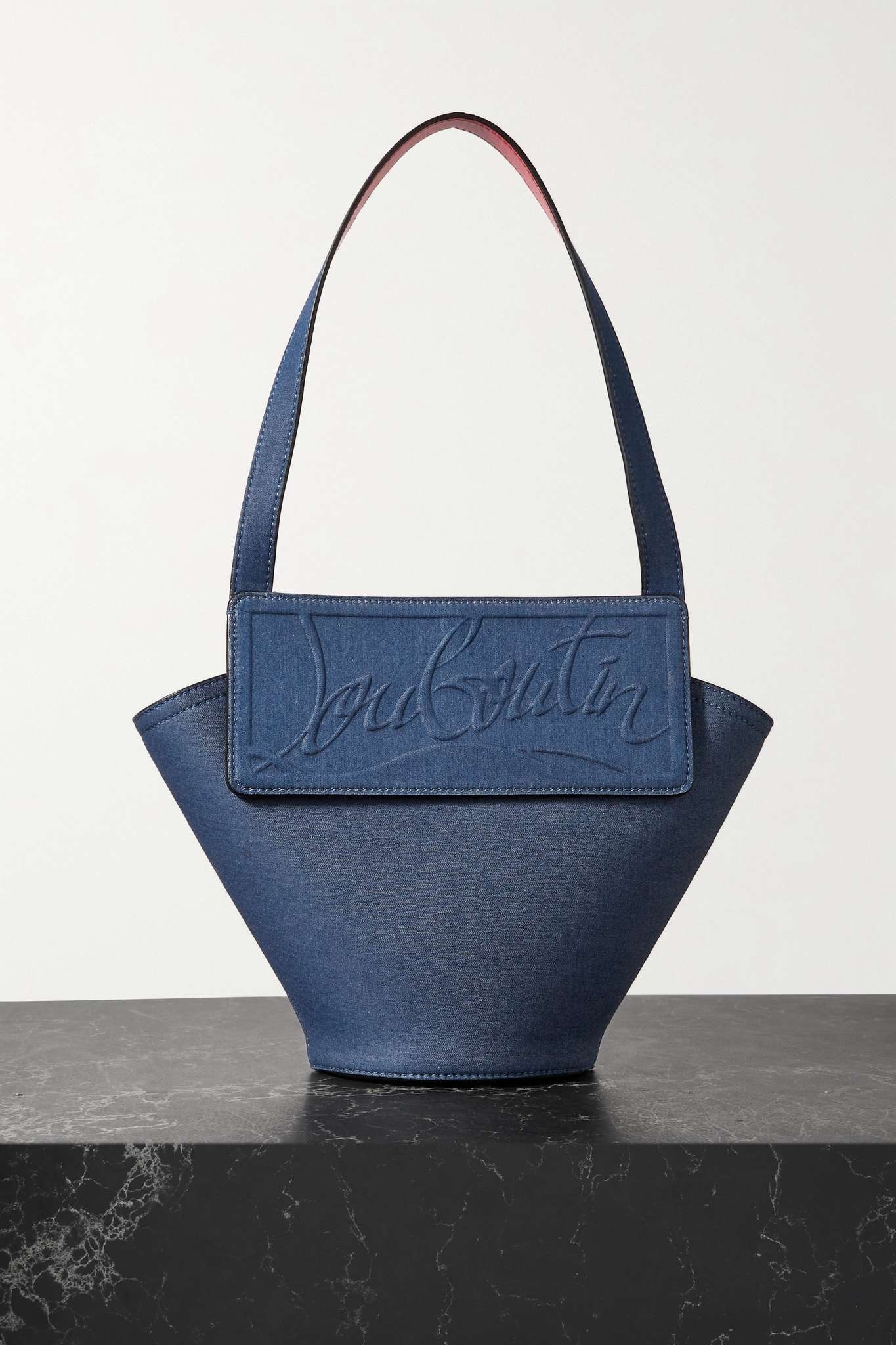 Loubishore small leather-trimmed embossed denim tote - 1