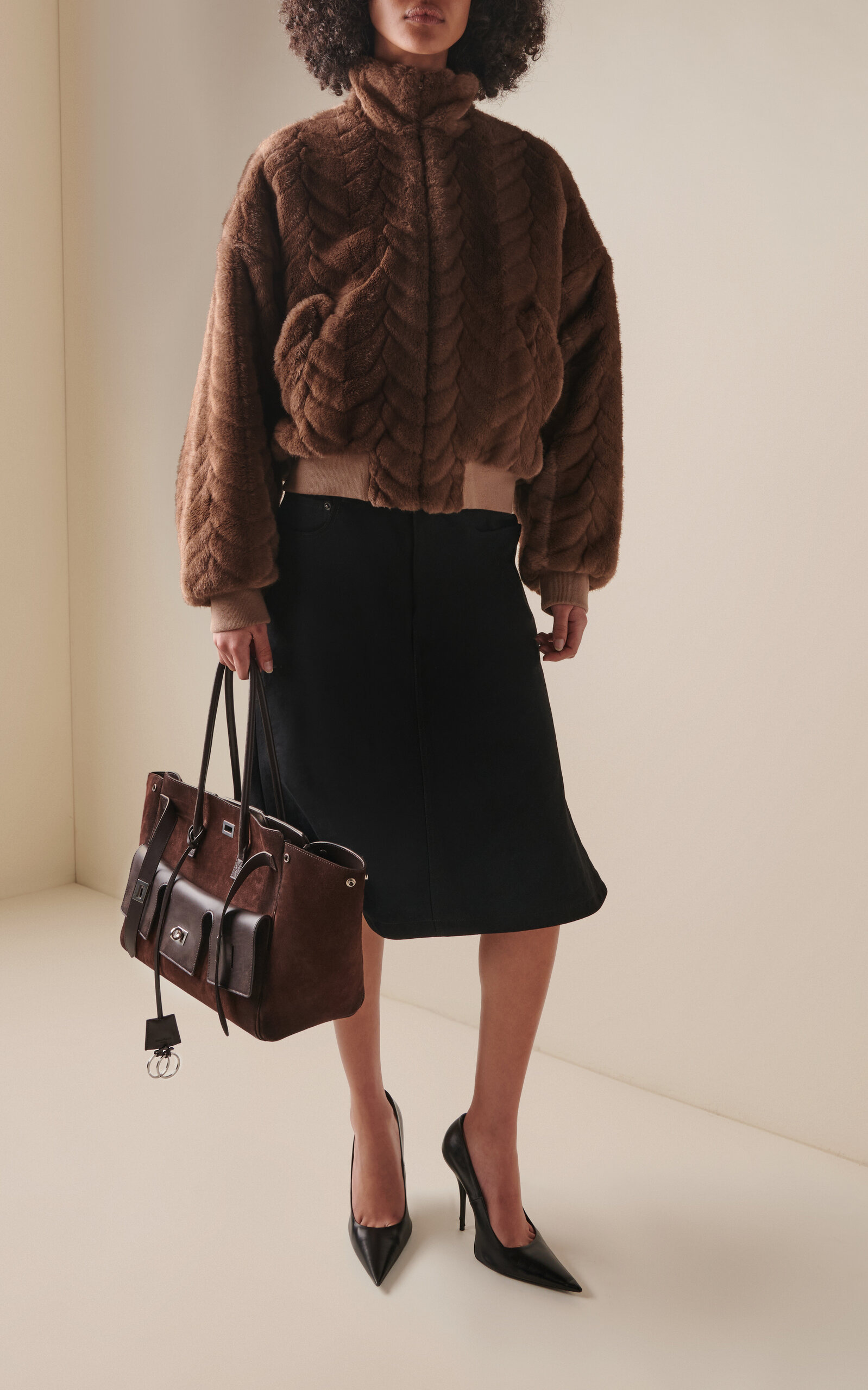 Cropped Faux Fur Bomber Jacket brown - 2