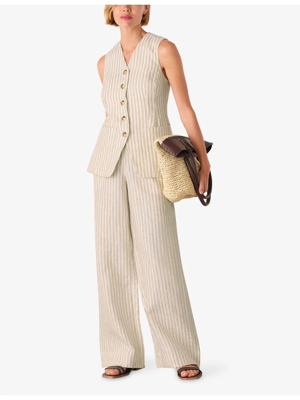 Neutral Stripe Straight-Leg Linen Trousers - 1
