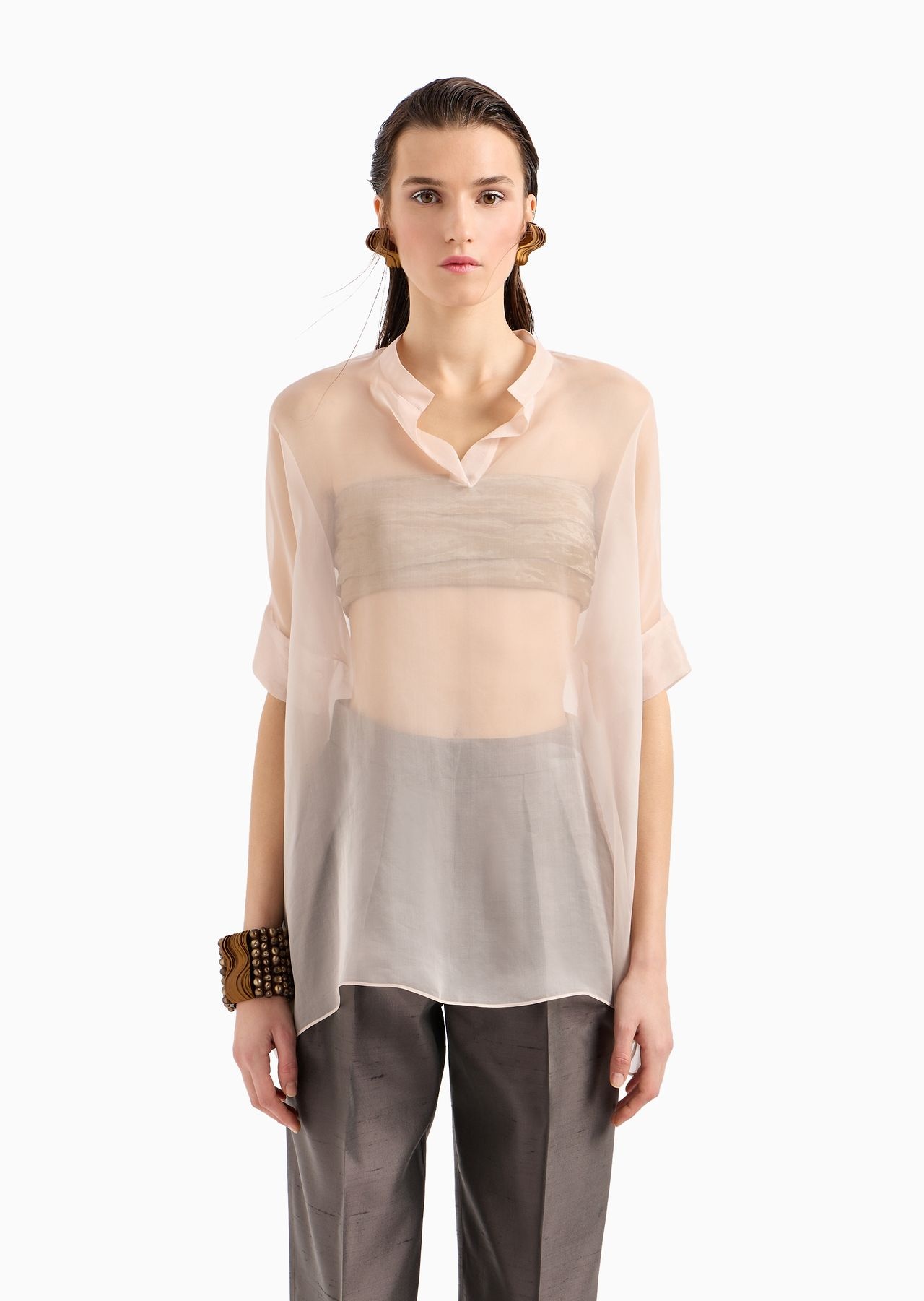 Short-sleeved long shirt in silk organza - 2