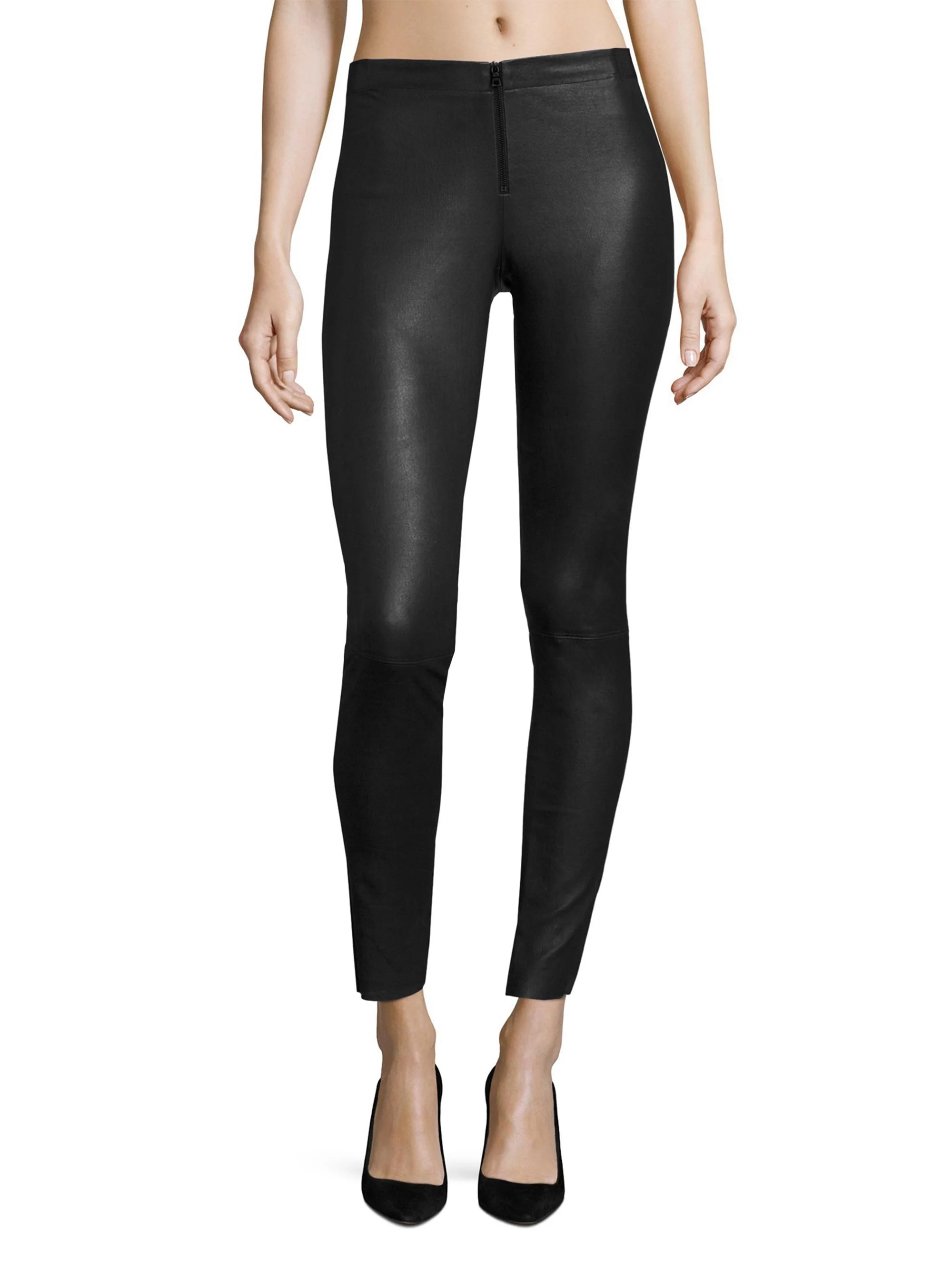 Women's Front-Zip Leather Leggings - Black - 1