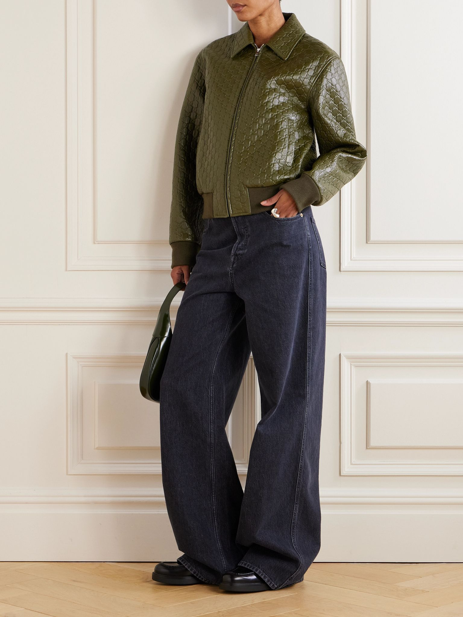 Embossed leather jacket Army green - 2