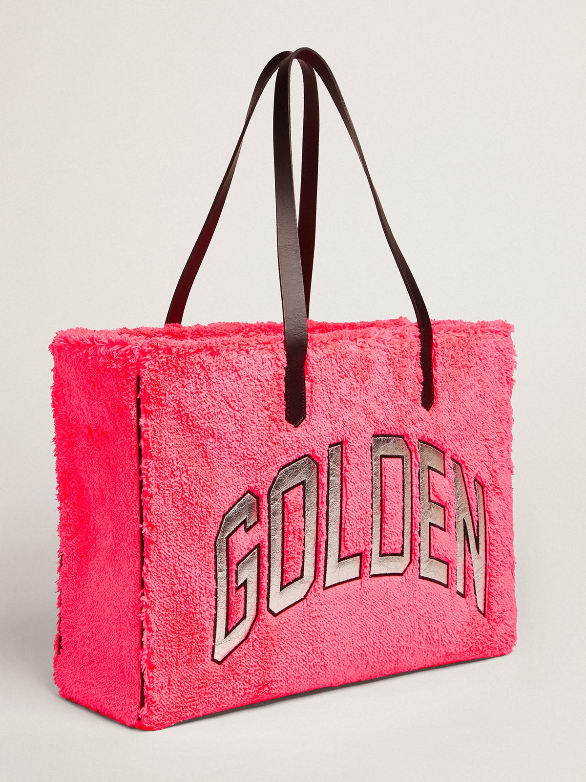 East-West California Bag in fuchsia terry fabric with Golden lettering in silver metallic leather - 5