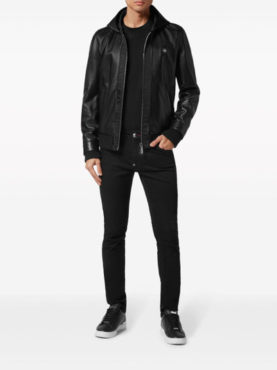 PHILIPP PLEIN leather and satin hooded bomber jacket outlook