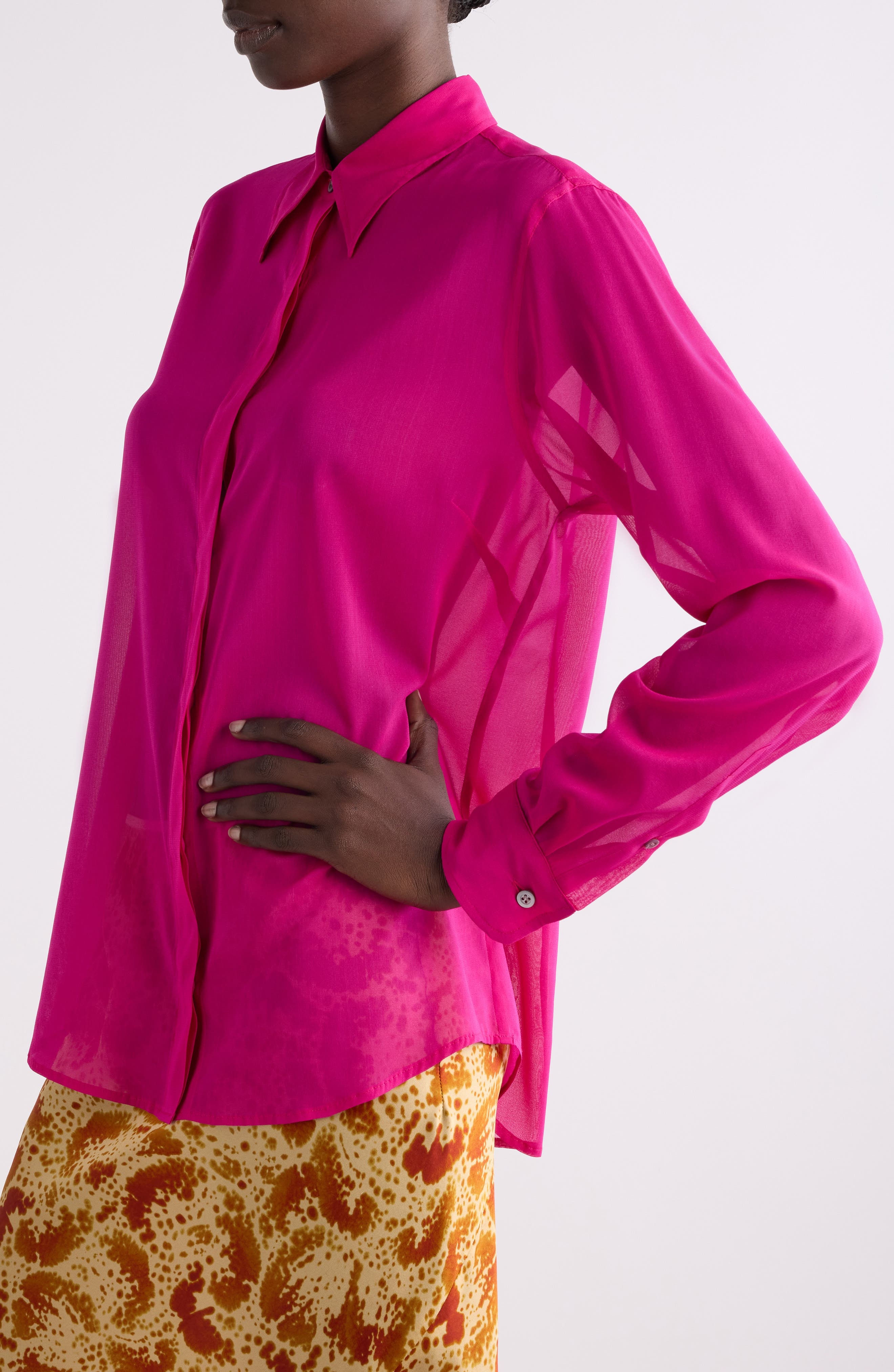 Dries Van Noten Chowy Stretch Silk Button-Up Shirt in Fuchsia at Nordstrom - 5