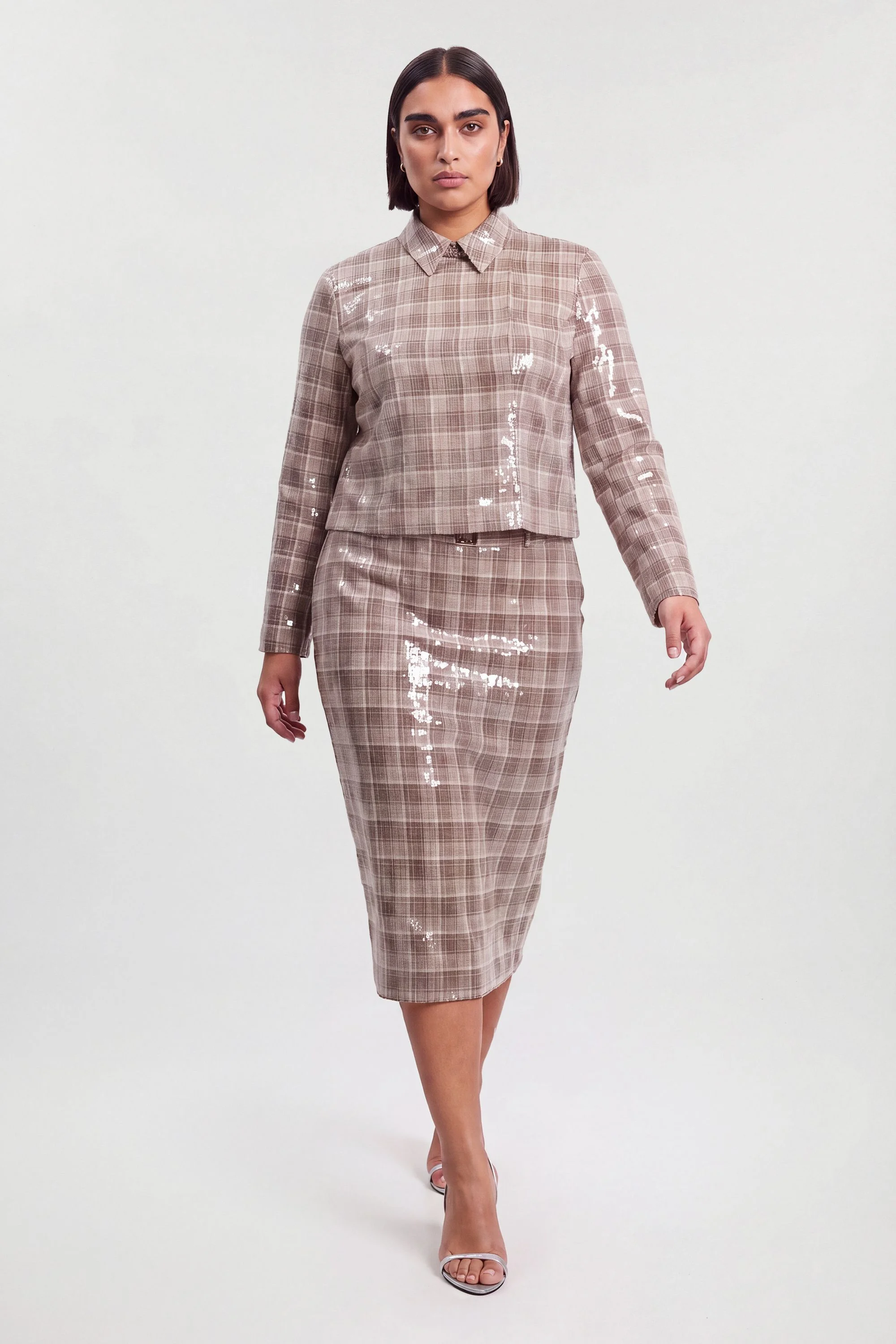 Plus Size Sequin Tailored Belted Midi Skirt - 1