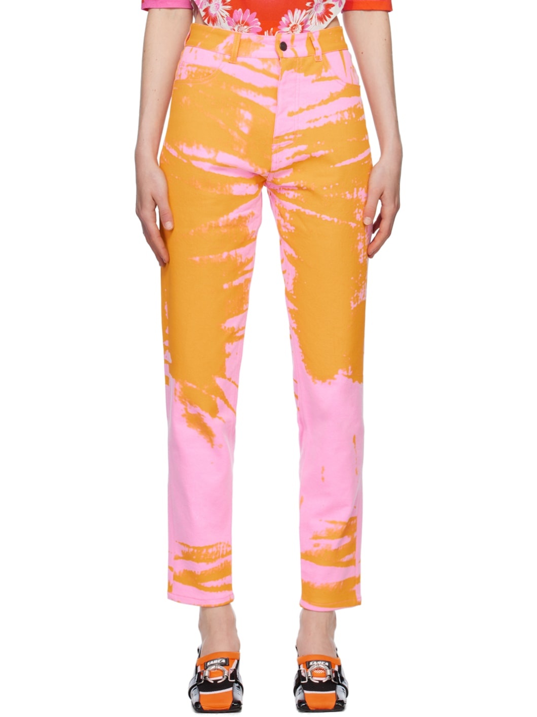 Pink & Orange Printed Jeans - 1