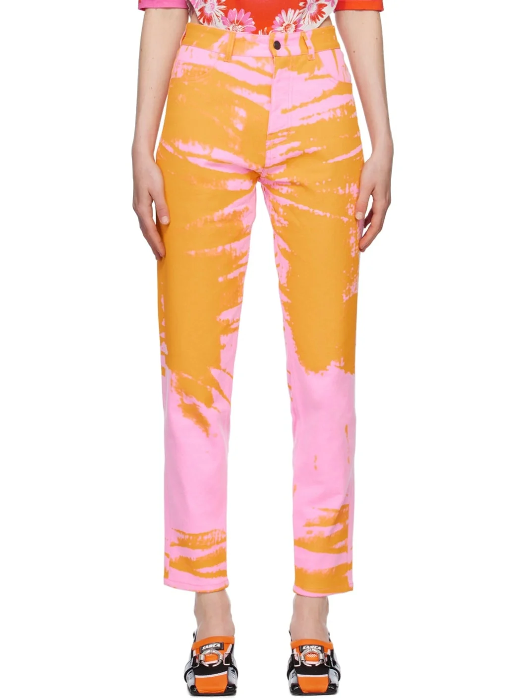 Pink & Orange Printed Jeans - 1