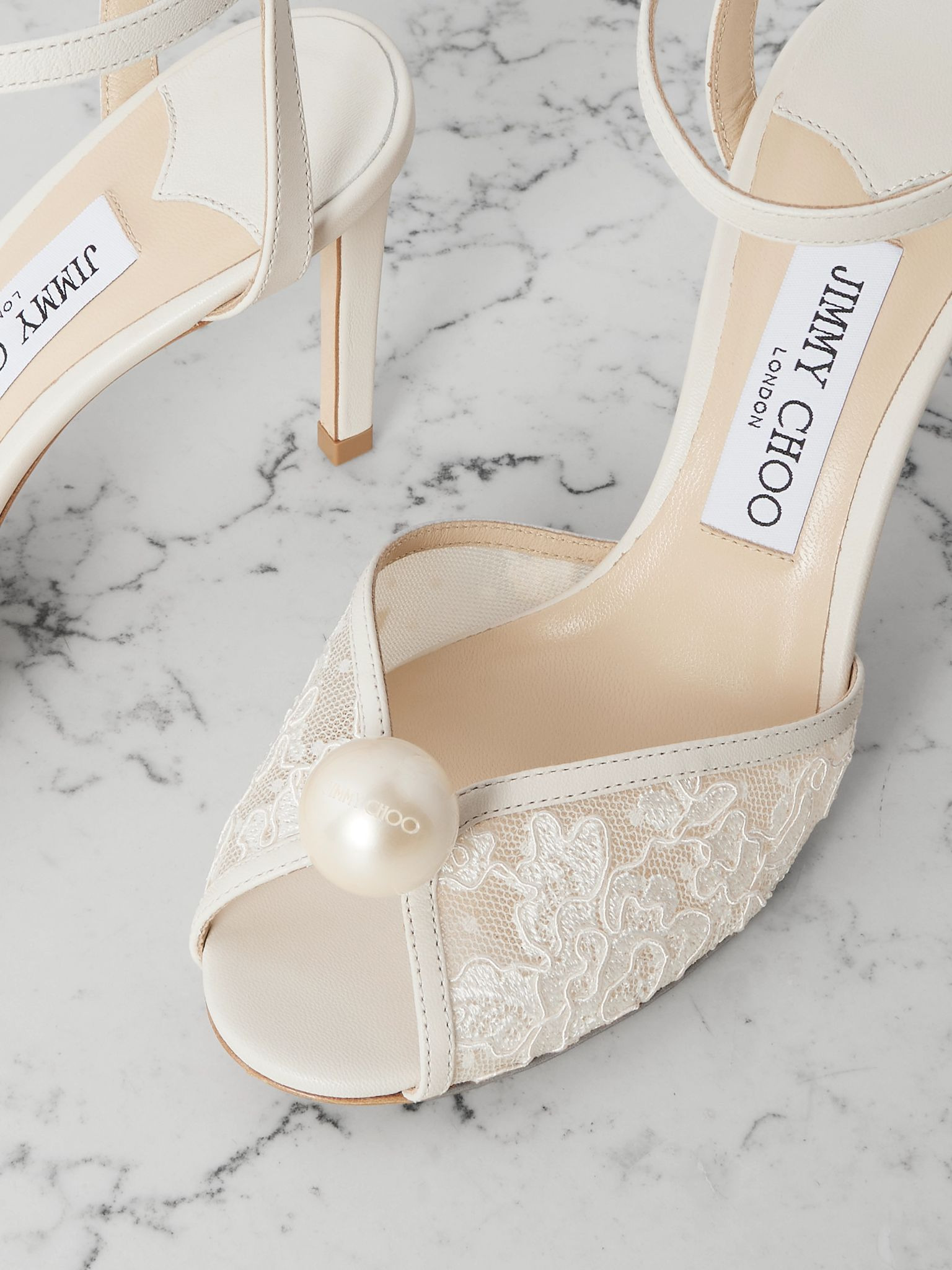 Sacora 85 embellished leather-trimmed lace sandals Ivory - 4
