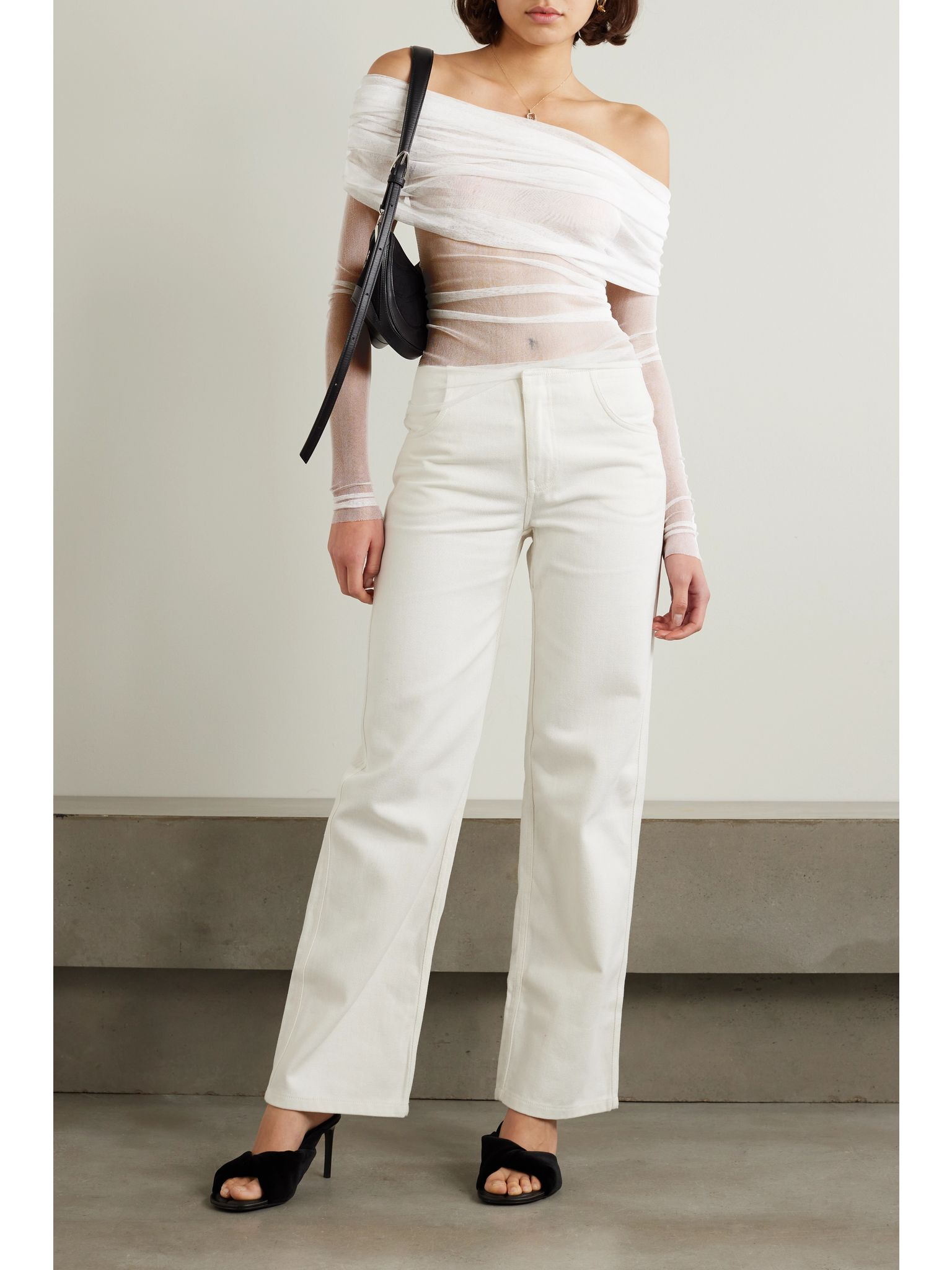 Off-the-shoulder gathered silk-tulle top White - 2