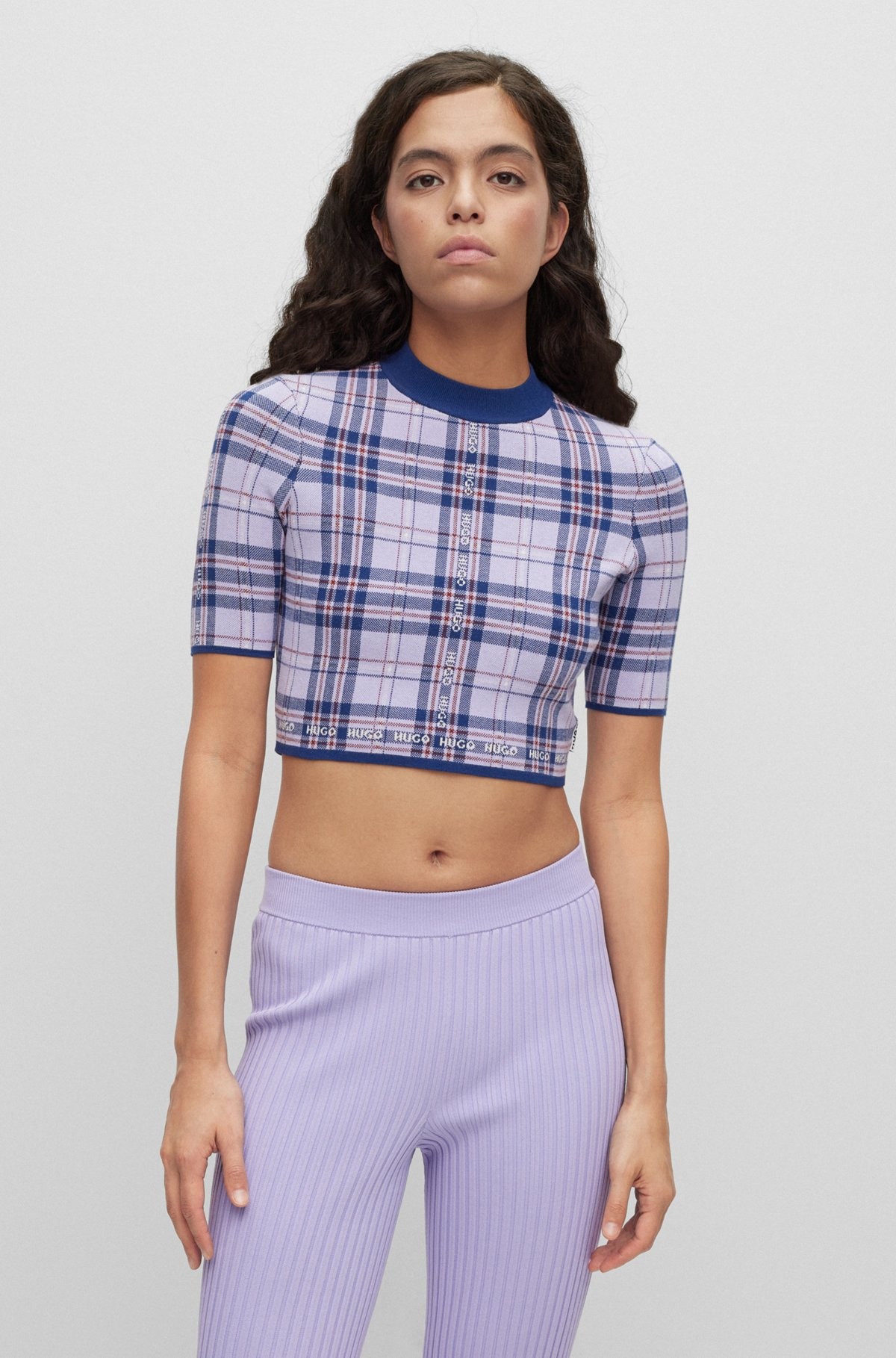 SHORT-SLEEVED CROPPED SWEATER WITH LOGO CHECK - 2