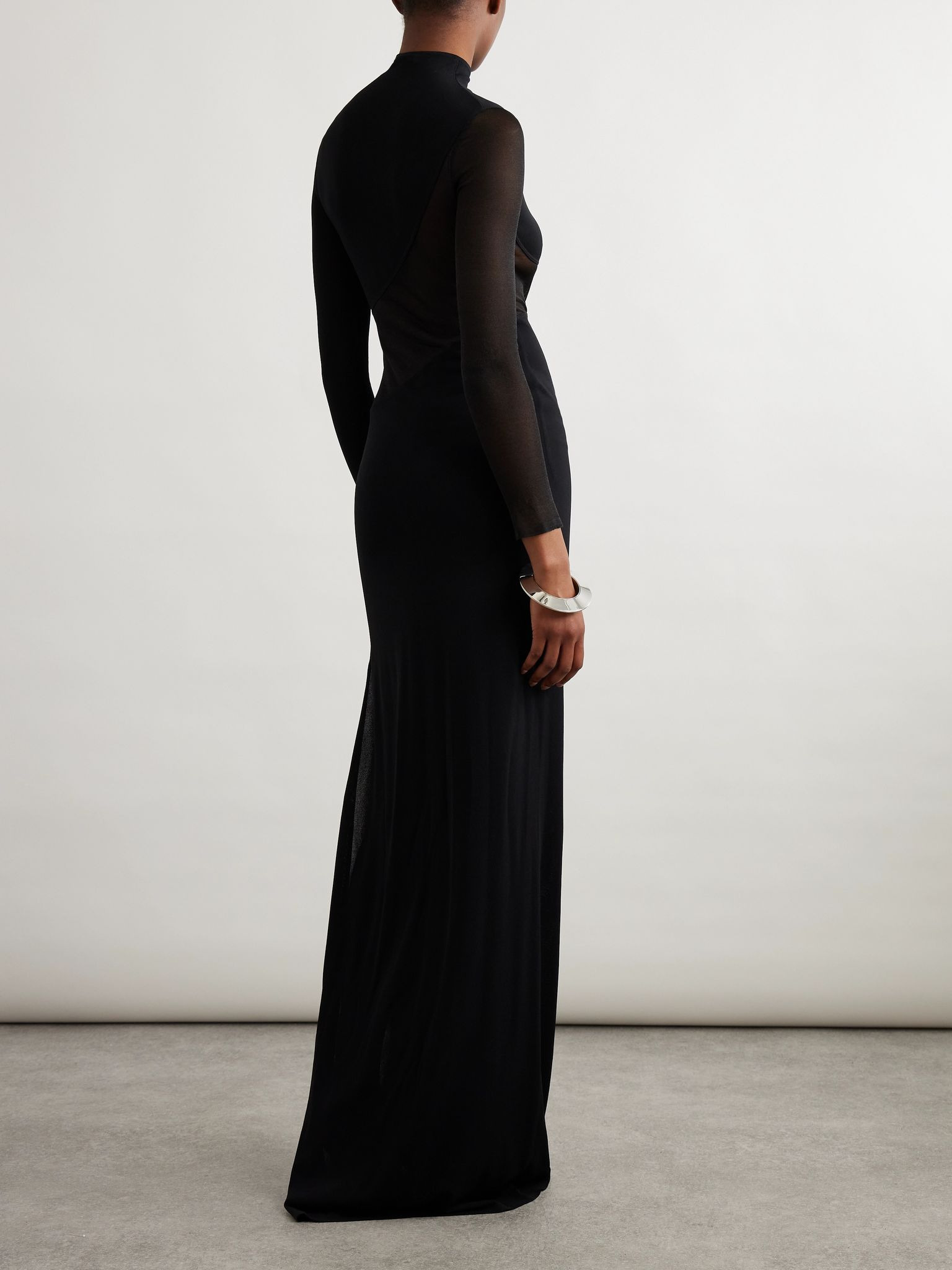 Silk mesh-trimmed crepe gown Black - 3
