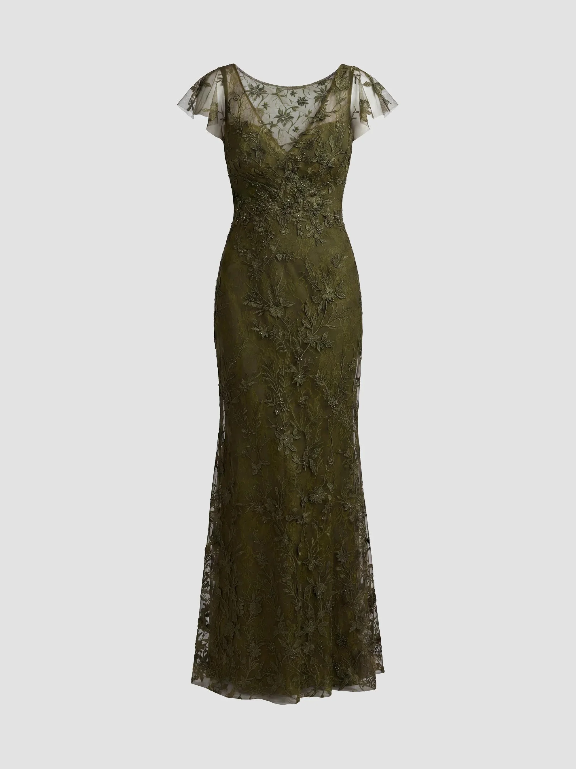 Women's Floral Appliqué Tulle Gown - Olive - 1