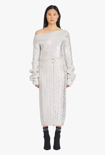 Long high-waisted silvery knit skirt - 4