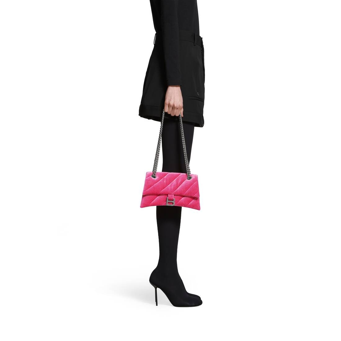 Women's Crush Small Chain Bag Quilted Velvet Jersey in Bright Pink - 3