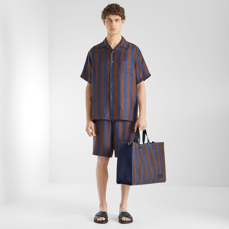 Pequin shopper Dark blue denim fabric and brown canvas bag 7
