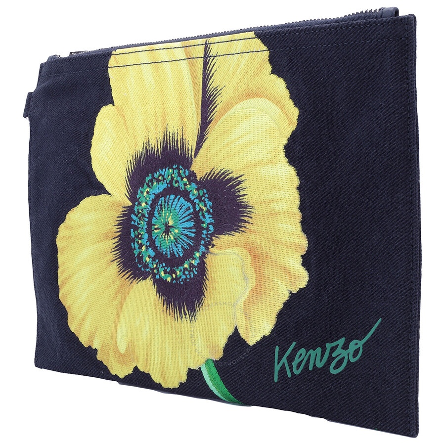Kenzo Navy Blue Poppy Floral Printed Zipped Large Clutch Bag - 6
