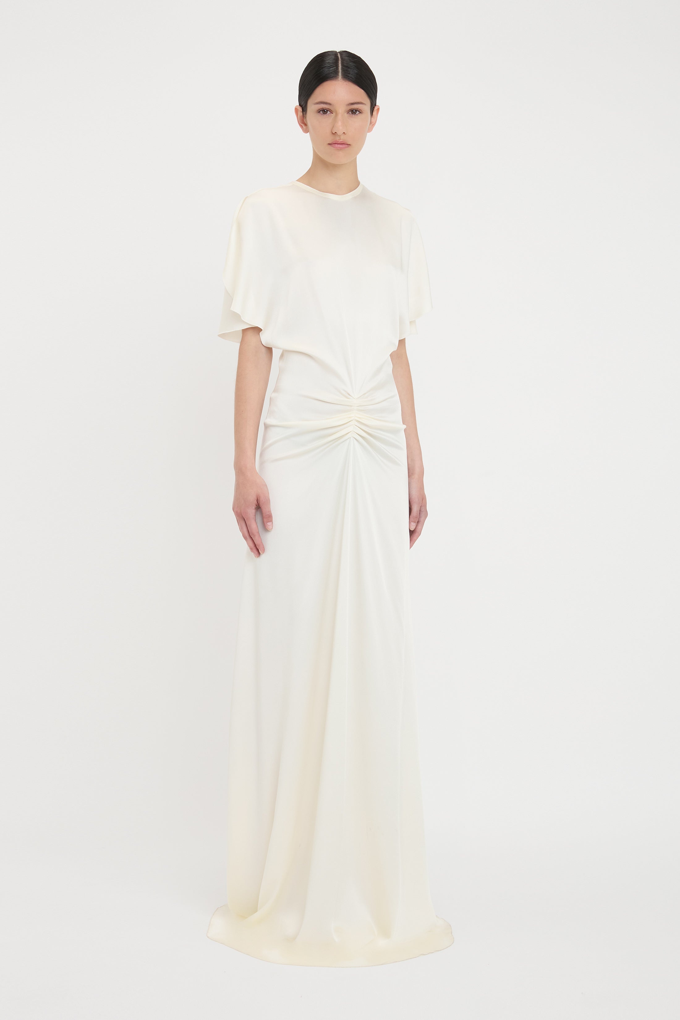 Gathered Waist Floor-Length Dress In Ivory - 3