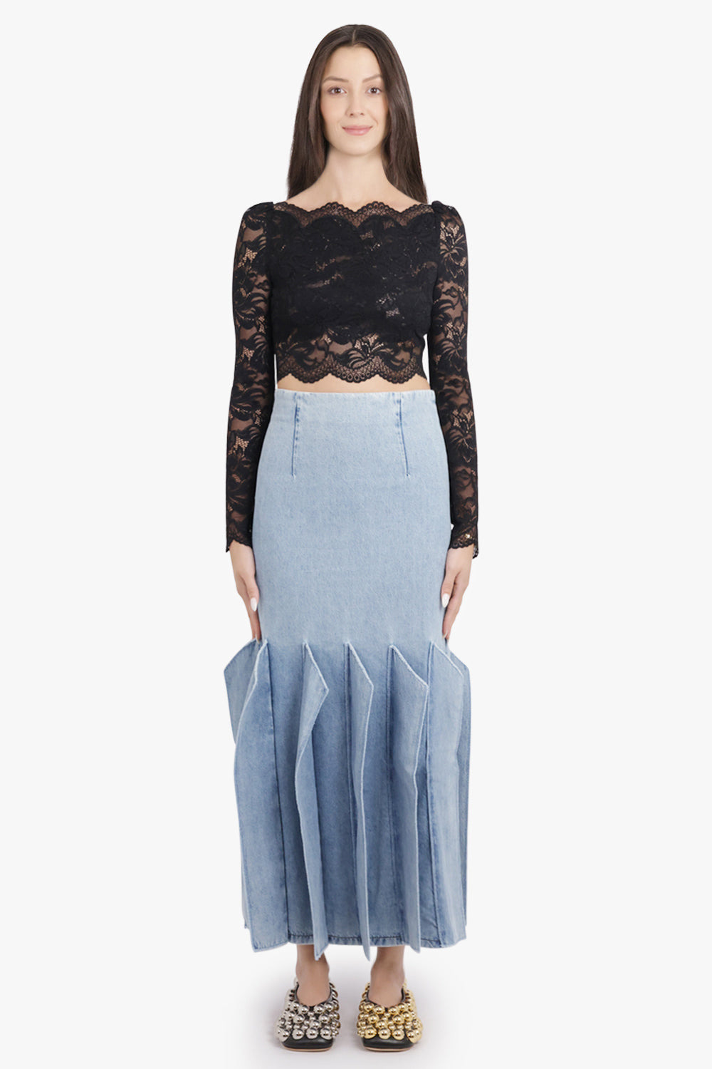PANEL 3D DETAIL MIDI DENIM SKIRT | MID BLUE - 6