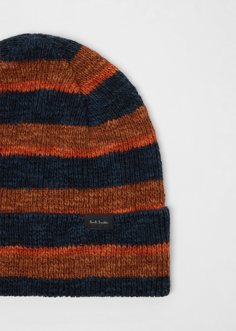 Paul Smith Navy and Orange Stripe Linen-Cotton Beanie outlook