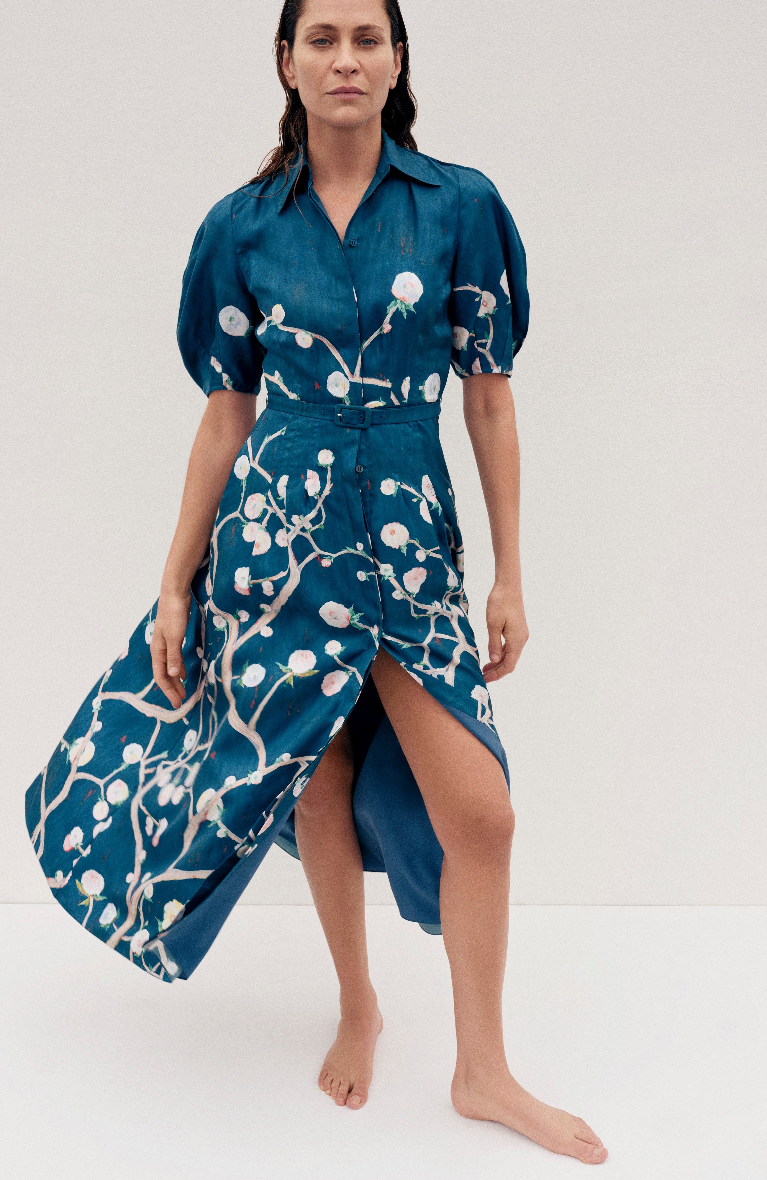 Maude Pleated Midi Shirtdress in Blue Multi Printed Silk Twill - 2