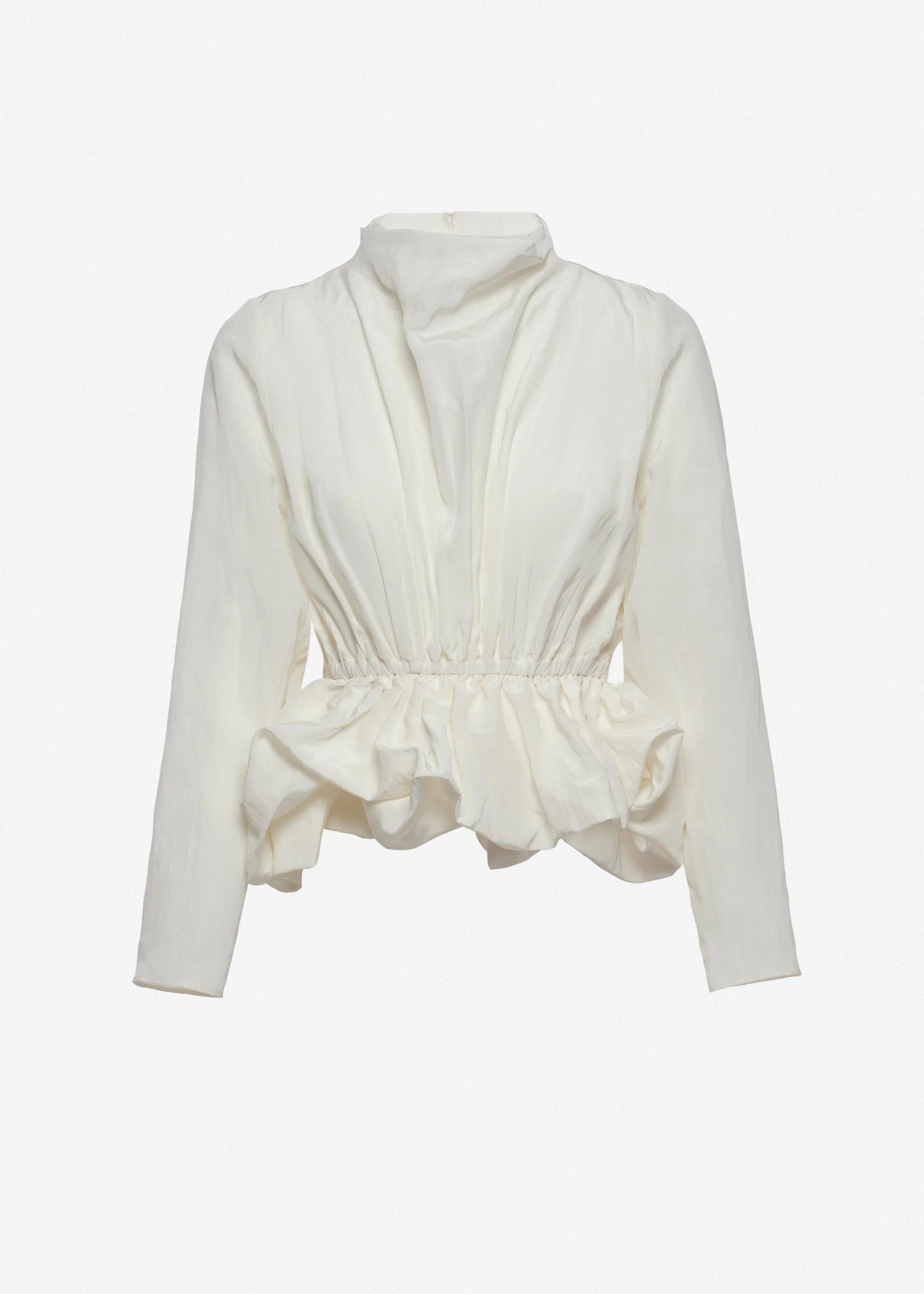 Gathered waist blouse with soft stand collar in white - 1