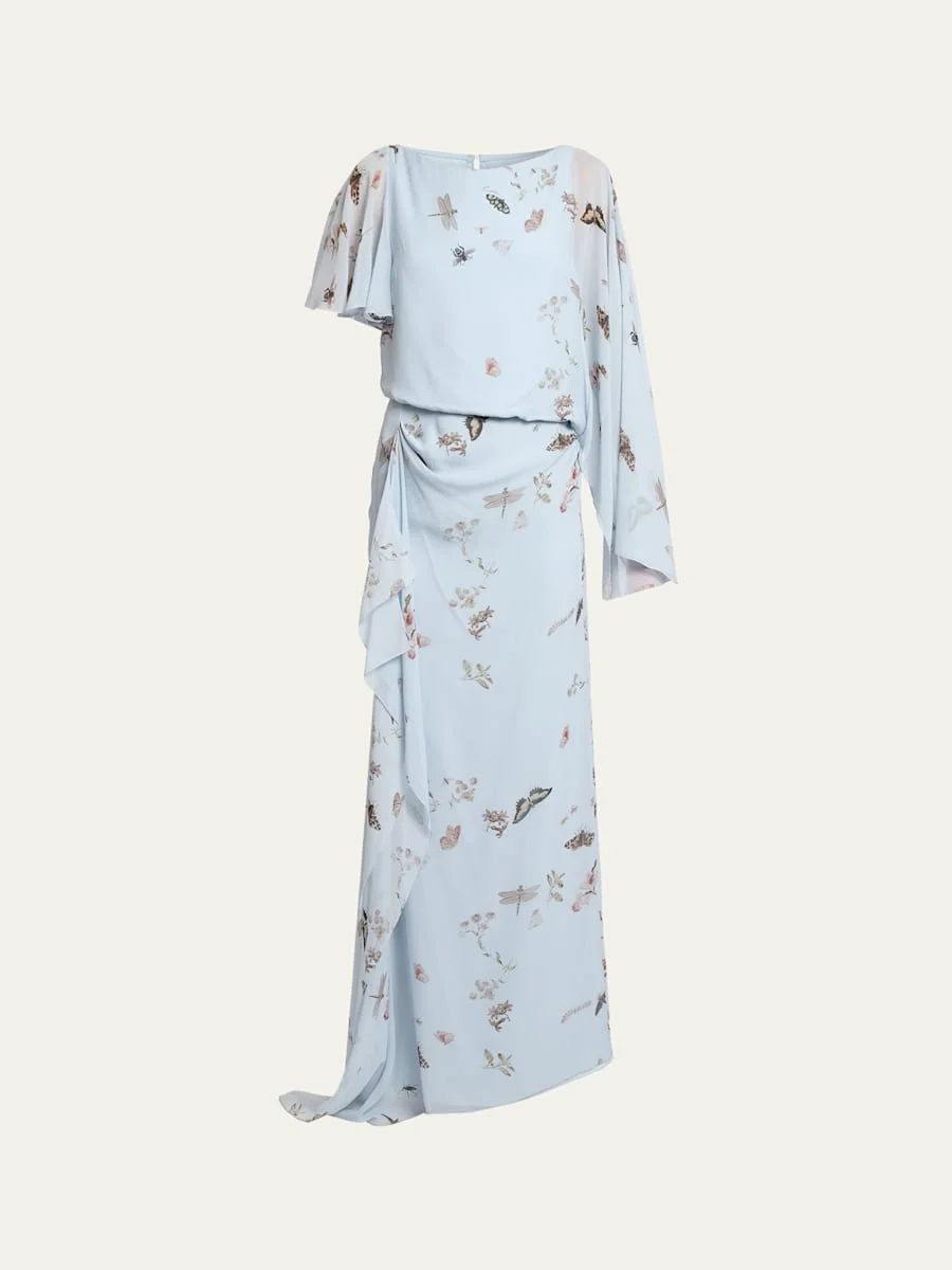 Garden-Print Draped Chiffon Gown - 1