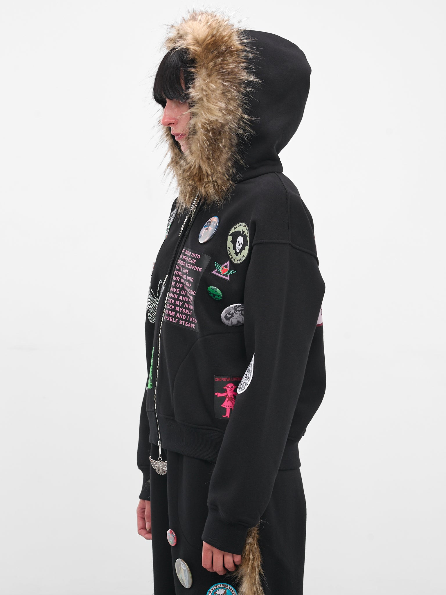 Black Fur Trim Patch Hoodie - 2