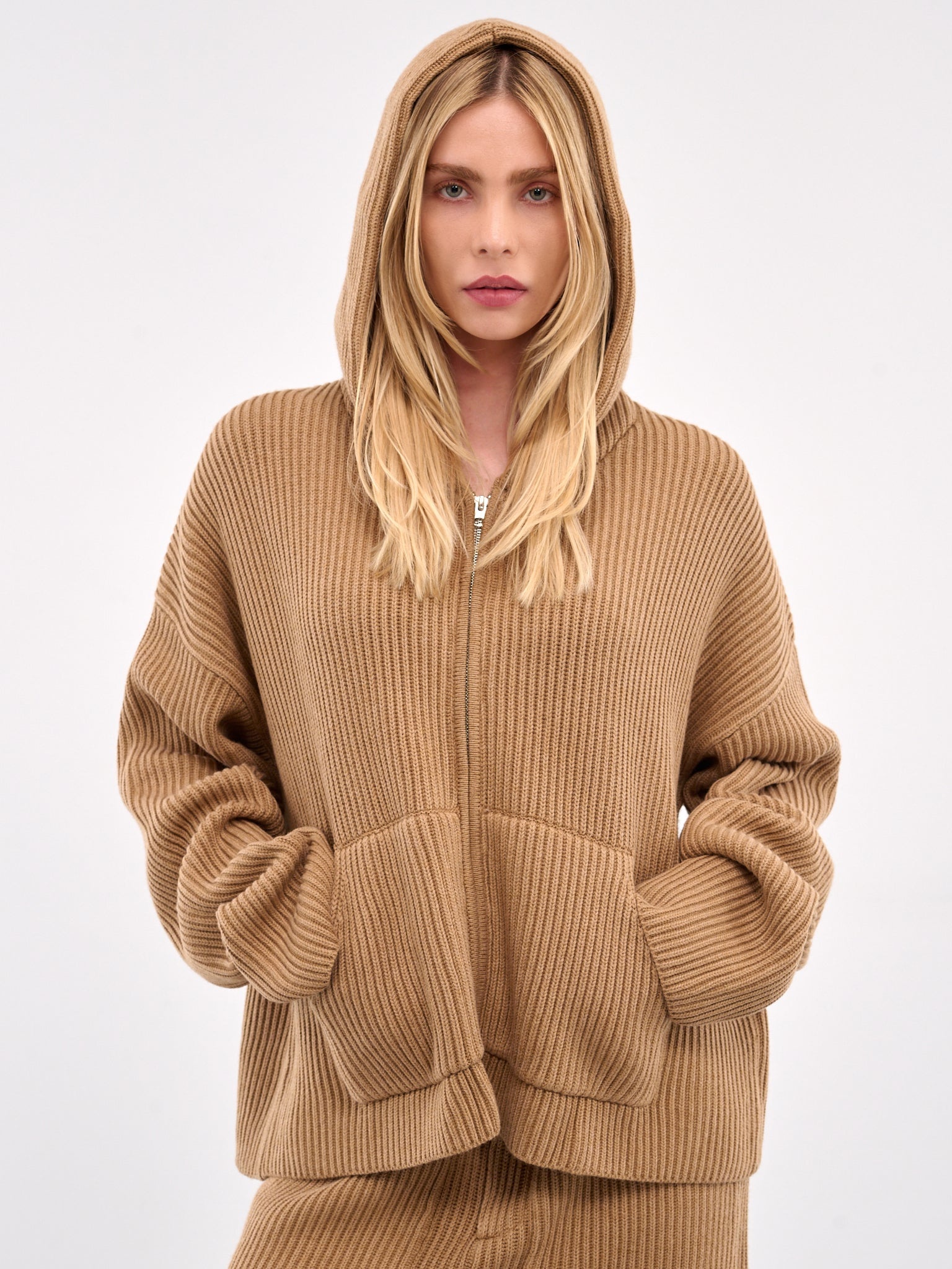 Zip-Up Ribbed Knit Hoodie - 4