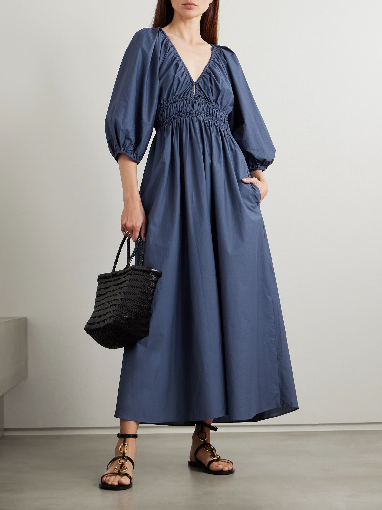 Shirred organic cotton-poplin maxi dress Blue - 2