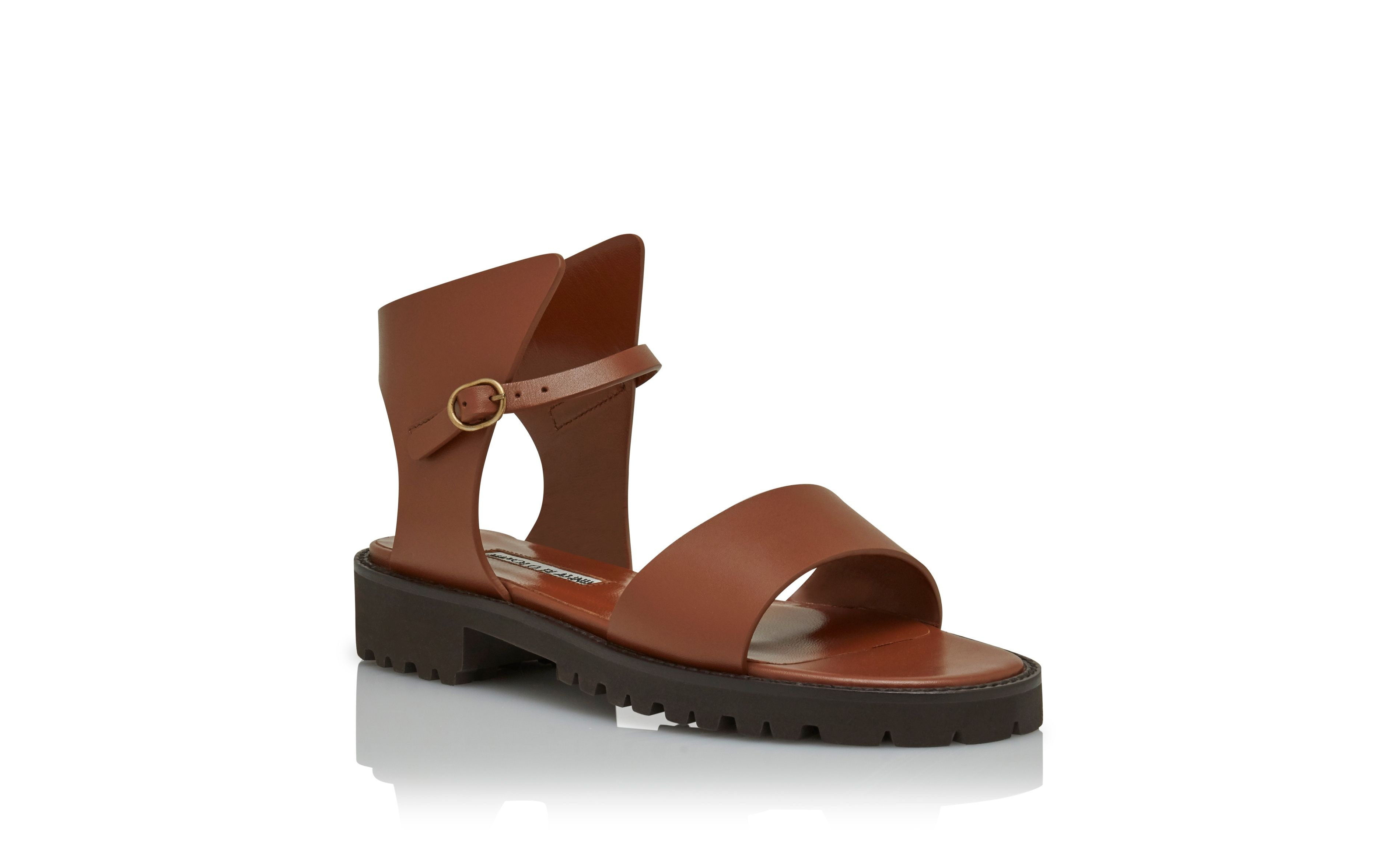 Brown Calf Leather Cut-Out Flat Sandals - 3