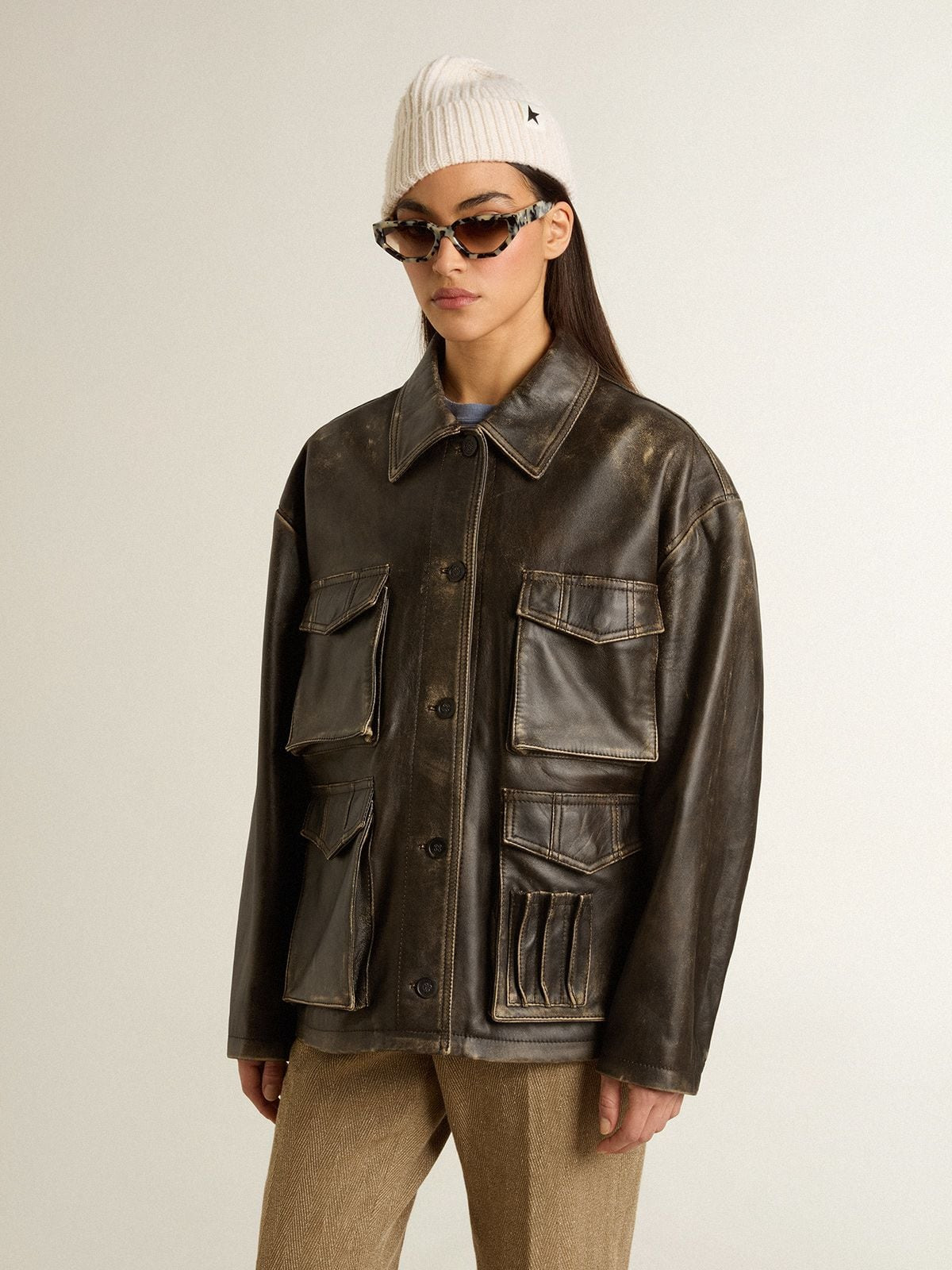 Women's aged brown nappa leather jacket - 2