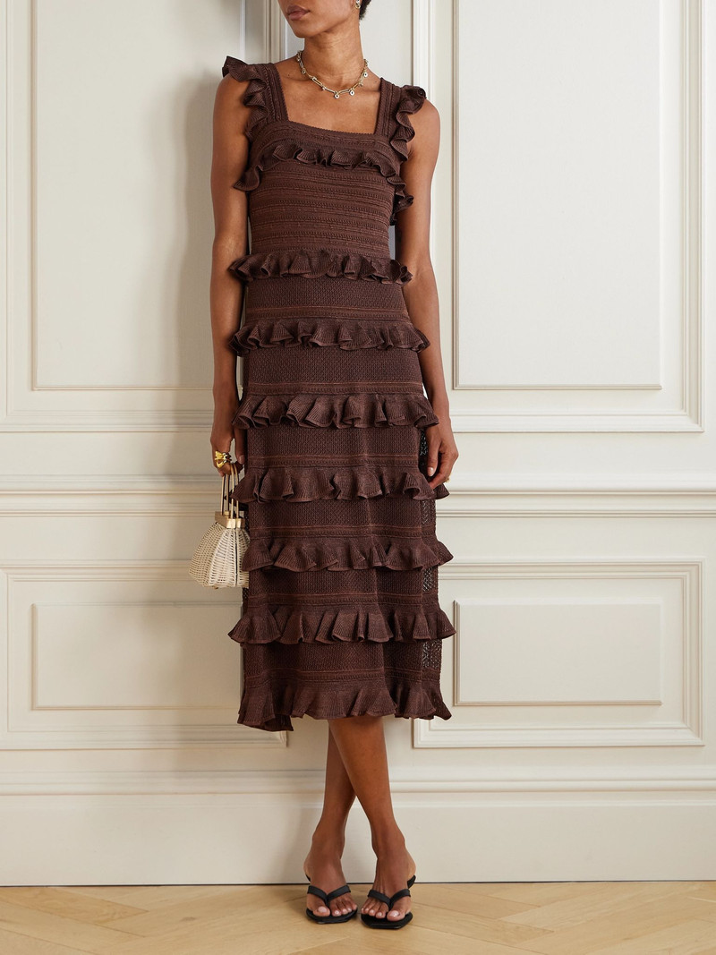 Zimmermann Ruffled tiered pointelle-knit midi dress Chocolate outlook