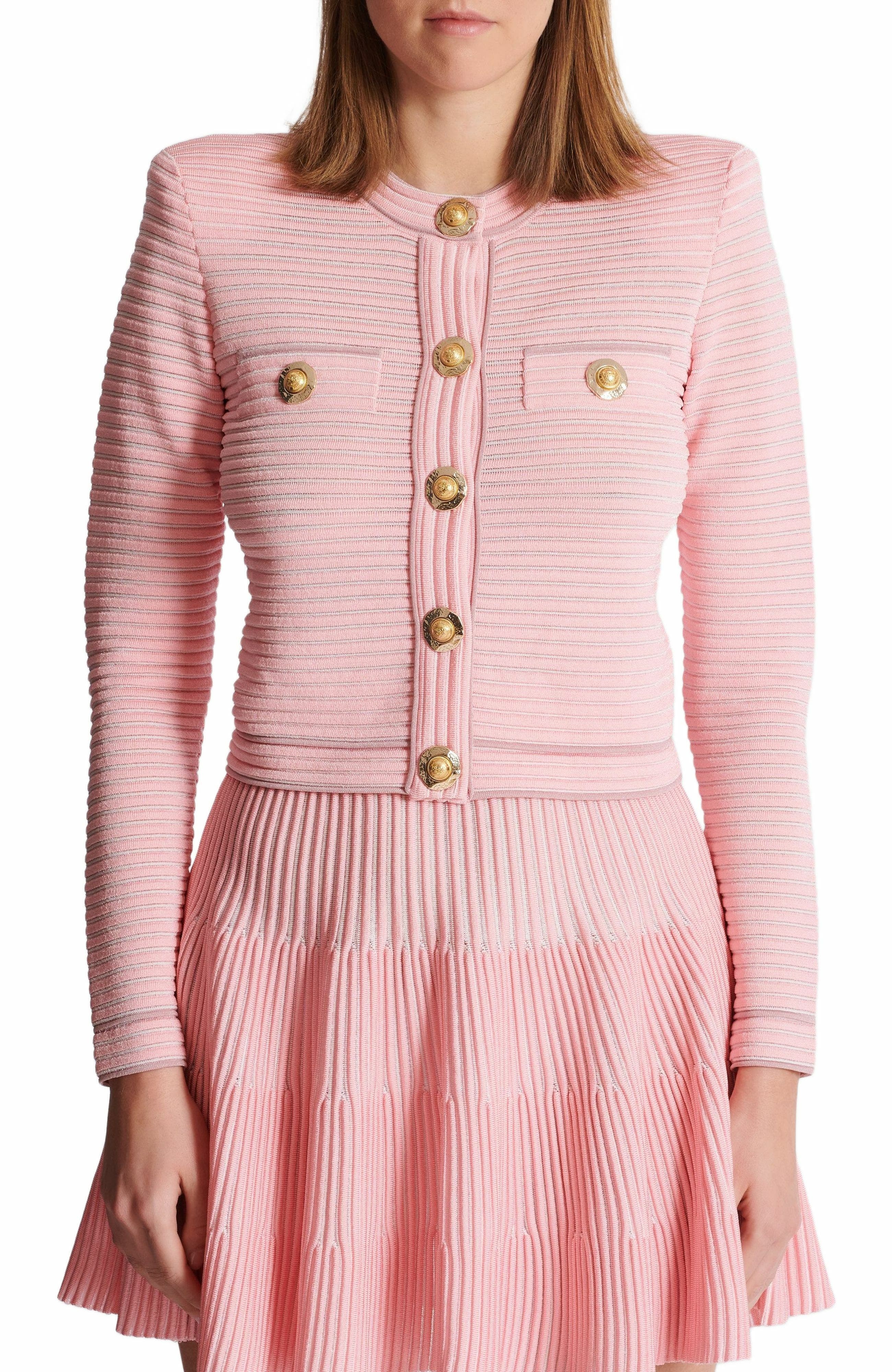Balmain Long-sleeved textured knit cardigan in Pink at Nordstrom - 8