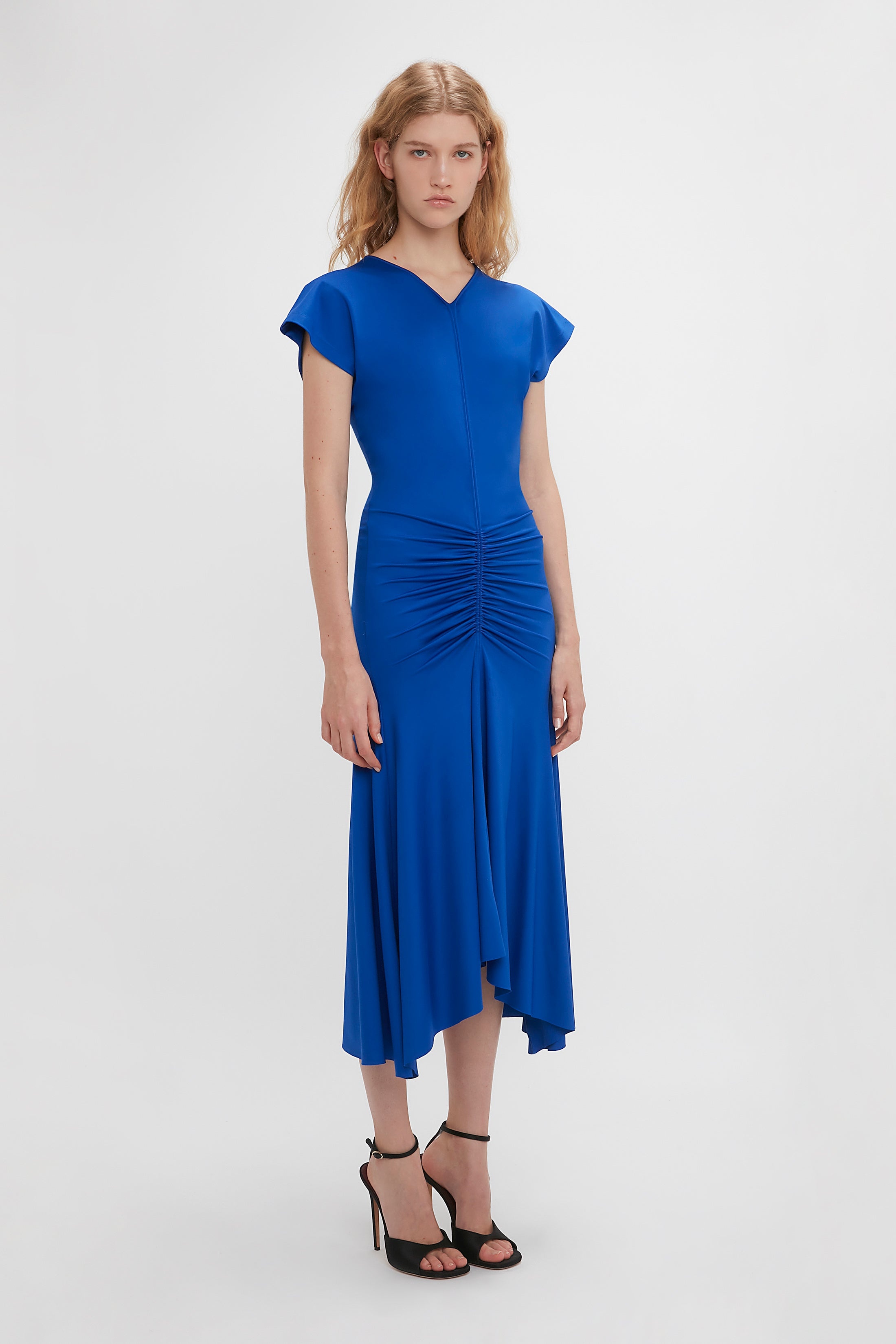 Sleeveless Rouched Jersey Dress In Royal Blue - 3