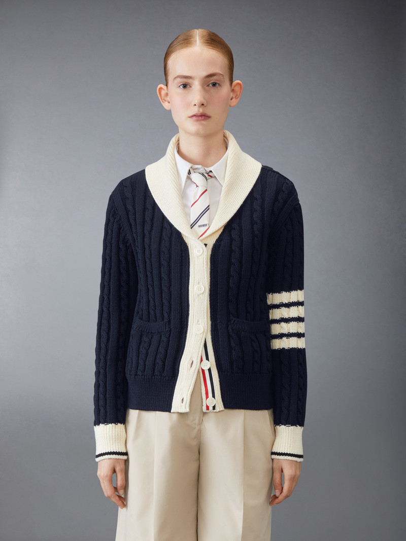 Thom Browne Classic Wool 4-Bar Cable Knit Cardigan outlook
