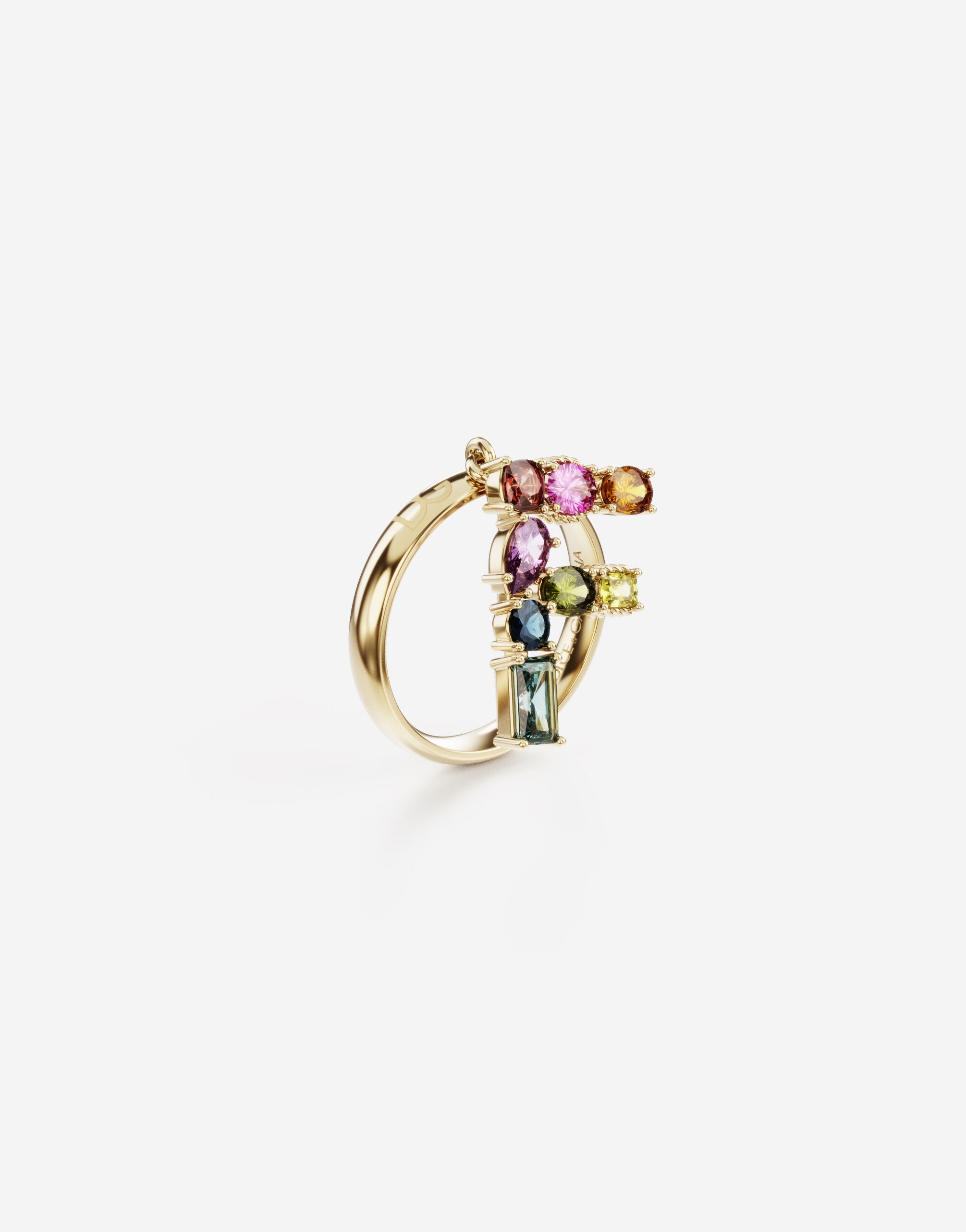 Rainbow alphabet F ring in yellow gold with multicolor fine gems - 3