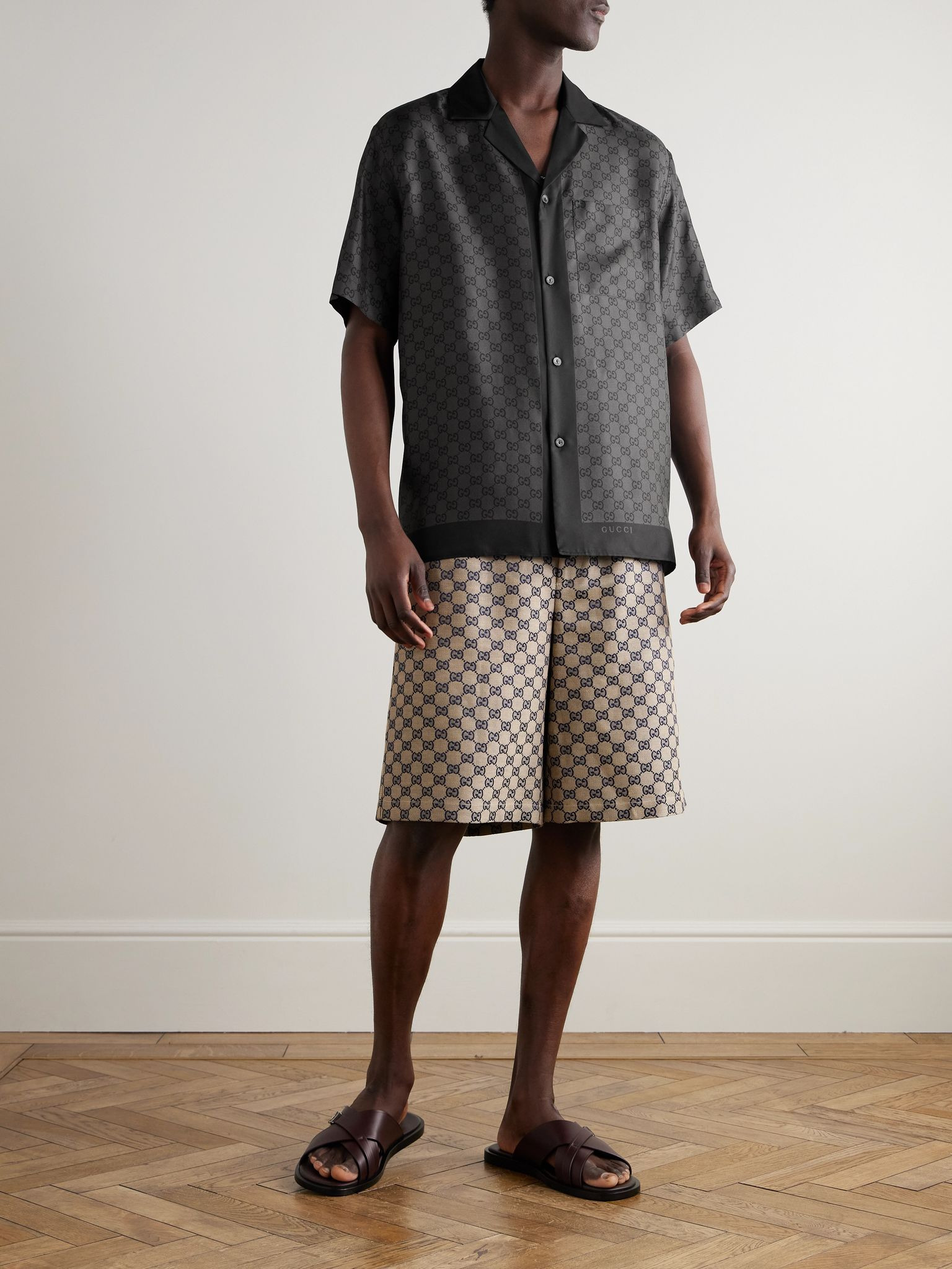 Camp-Collar Logo-Print Silk-Satin Shirt Dark gray - 2