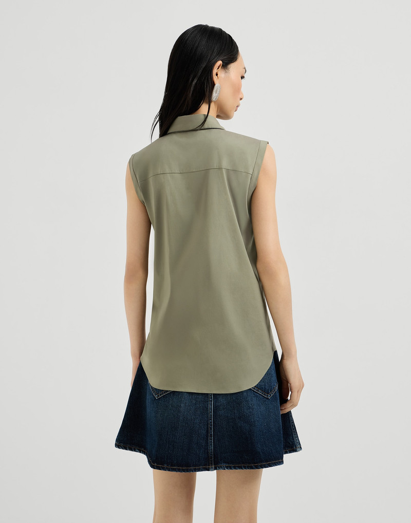 Stretch cotton poplin sleeveless shirt with shiny trim 3