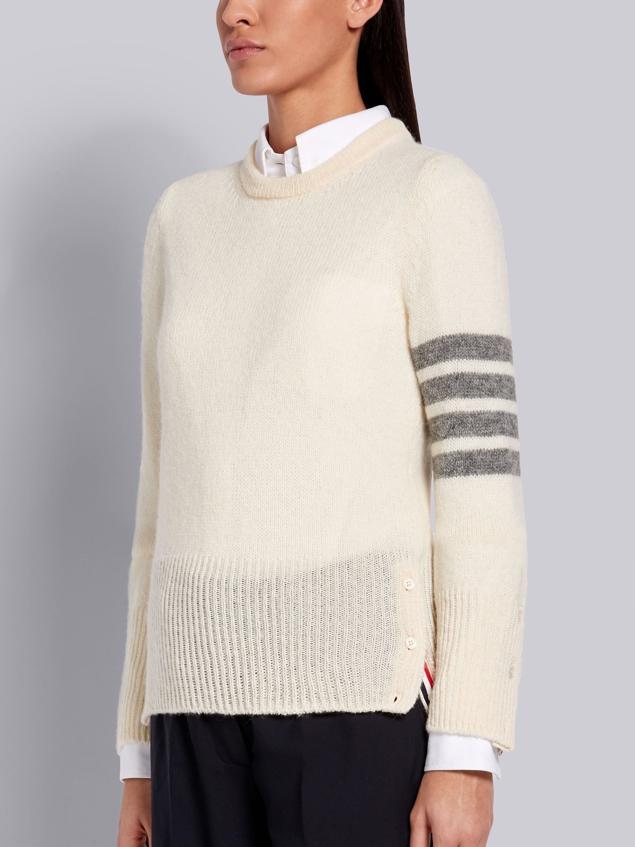 White Shetland Wool Jersey Classic Crewneck 4-Bar Pullover - 2