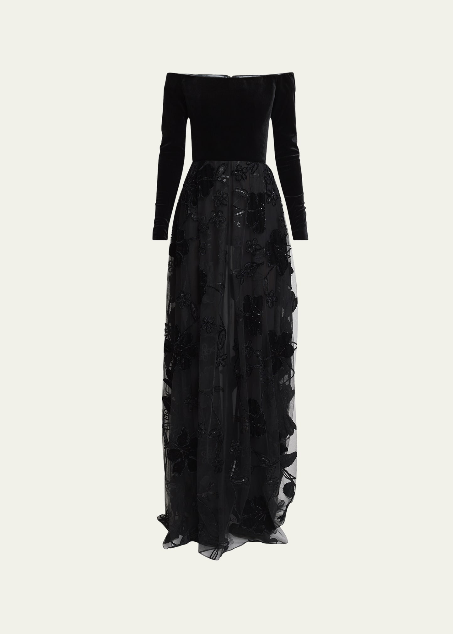 Off-The-Shoulder Velvet Sequined Tulle Gown - 1