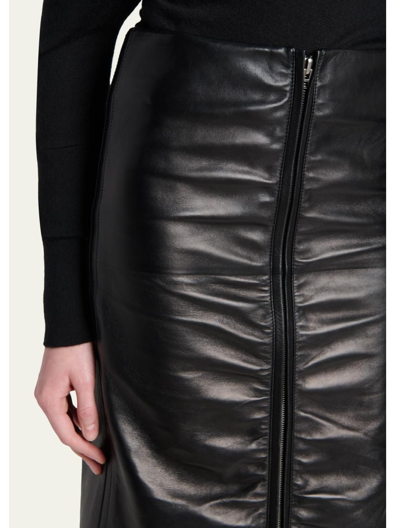 Ruched Leather Zip-Front Skirt 5