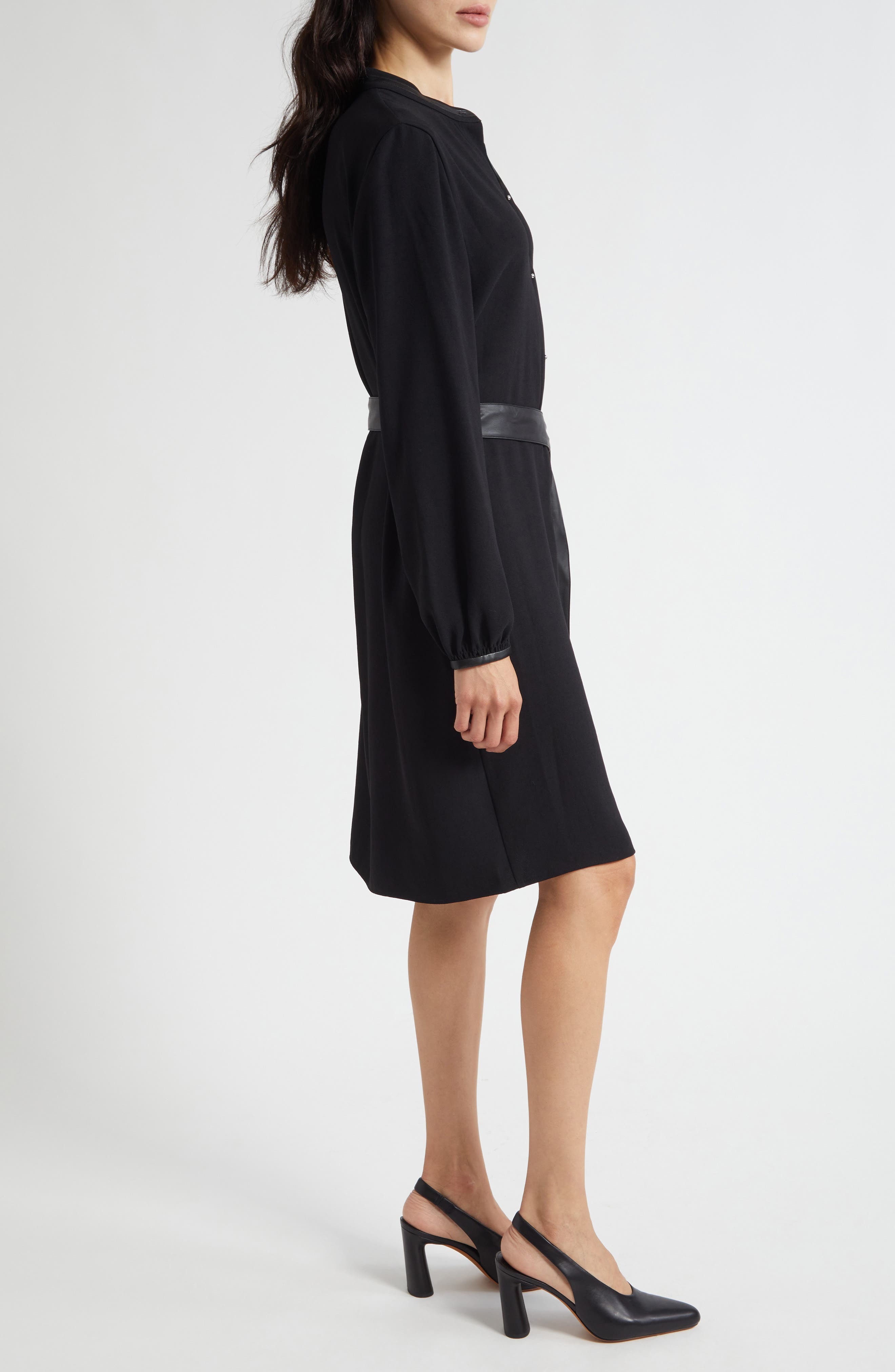 Vince Faux Leather Trim Long Sleeve Shirtdress in Black at Nordstrom - 3