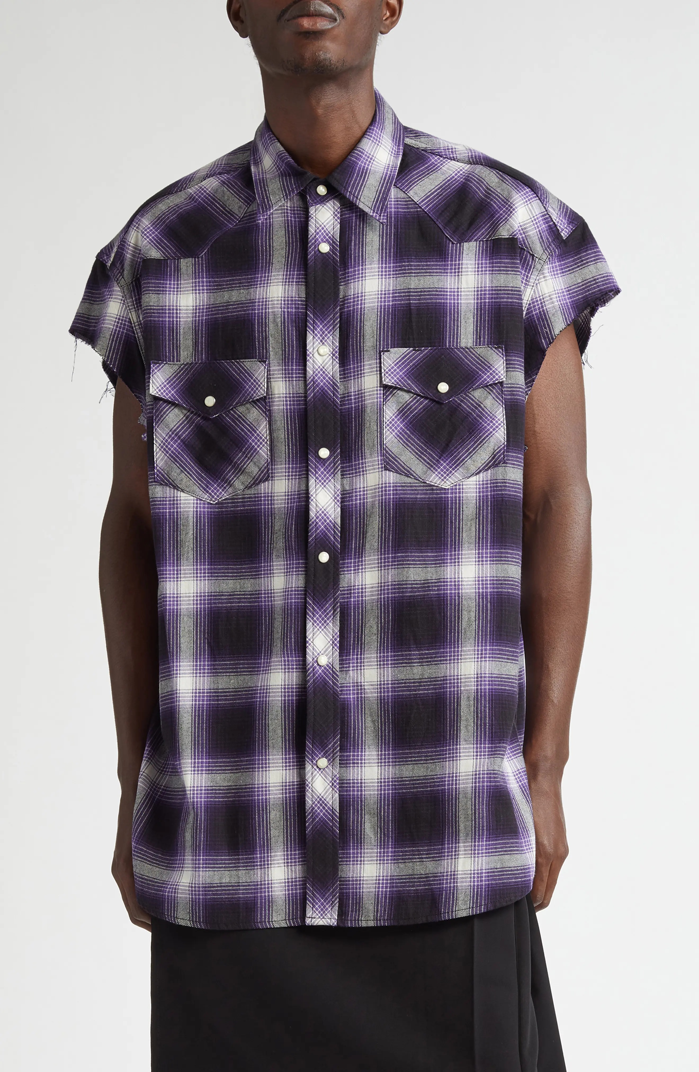 x Rafu Plaid Cutoff Sleeve Snap-Up Western Shirt - 1